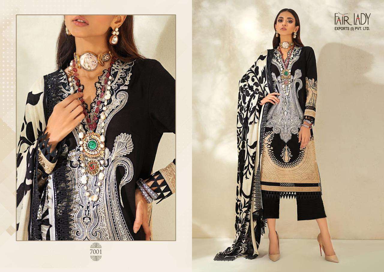 MUZLIN SANA SAFINAZ BY FAIR LADY 7001 TO 7004 SERIES BEAUTIFUL SUITS STYLISH FANCY COLORFUL PARTY WEAR & OCCASIONAL WEAR PURE JAM SATIN WITH HEAVY EMBROIDERED DRESSES AT WHOLESALE PRICE