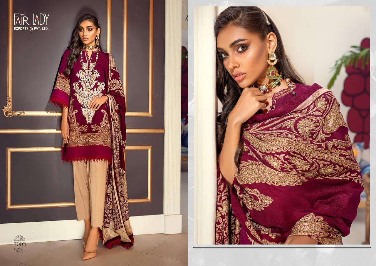 MUZLIN SANA SAFINAZ BY FAIR LADY 7001 TO 7004 SERIES BEAUTIFUL SUITS STYLISH FANCY COLORFUL PARTY WEAR & OCCASIONAL WEAR PURE JAM SATIN WITH HEAVY EMBROIDERED DRESSES AT WHOLESALE PRICE