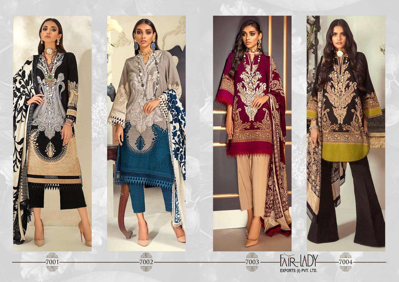 MUZLIN SANA SAFINAZ BY FAIR LADY 7001 TO 7004 SERIES BEAUTIFUL SUITS STYLISH FANCY COLORFUL PARTY WEAR & OCCASIONAL WEAR PURE JAM SATIN WITH HEAVY EMBROIDERED DRESSES AT WHOLESALE PRICE