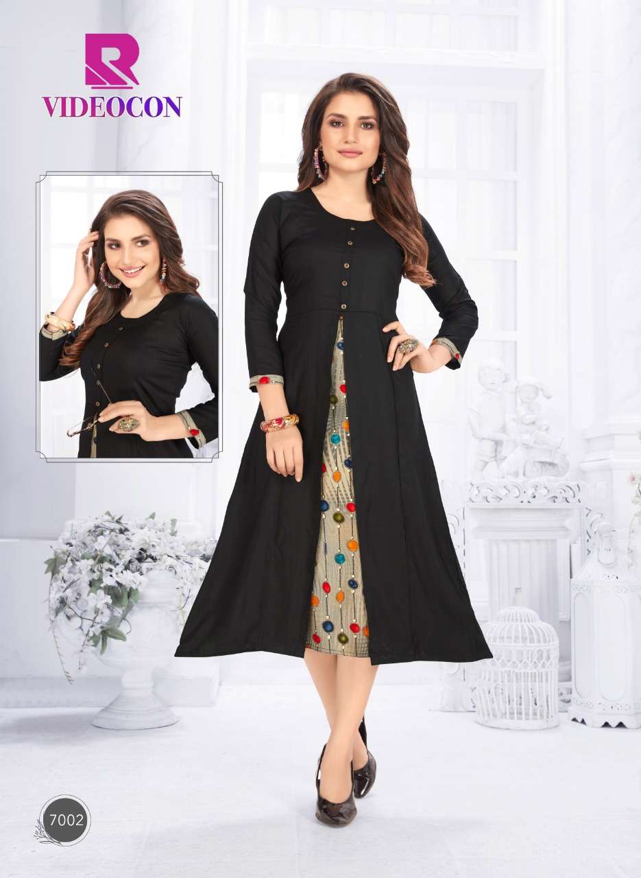 VIDEOCON BY RAASHI 7001 TO 7012 SERIES BEAUTIFUL STYLISH FANCY COLORFUL CASUAL WEAR & ETHNIC WEAR & READY TO WEAR RAYON PRINTED KURTIS AT WHOLESALE PRICE
