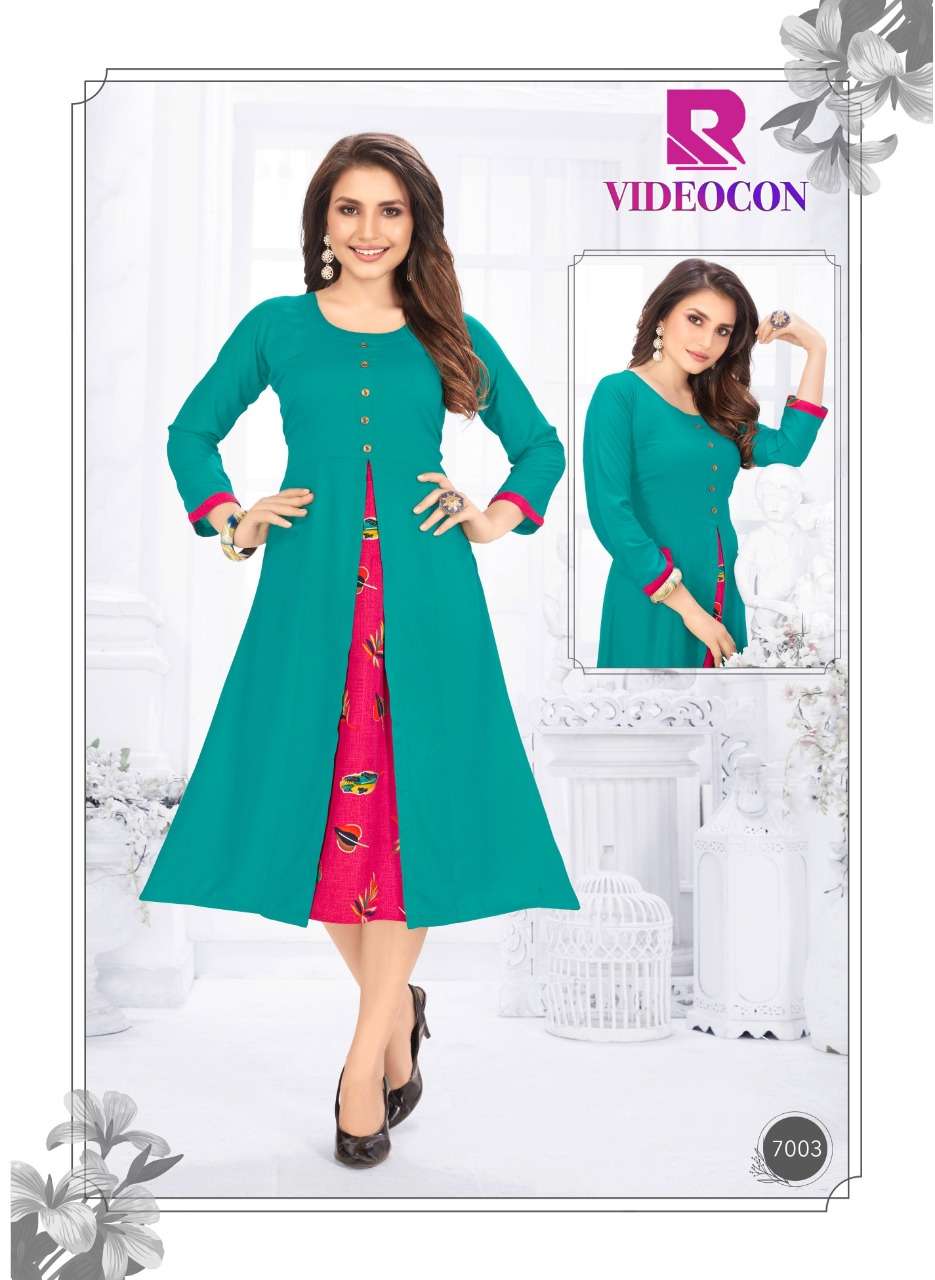 VIDEOCON BY RAASHI 7001 TO 7012 SERIES BEAUTIFUL STYLISH FANCY COLORFUL CASUAL WEAR & ETHNIC WEAR & READY TO WEAR RAYON PRINTED KURTIS AT WHOLESALE PRICE