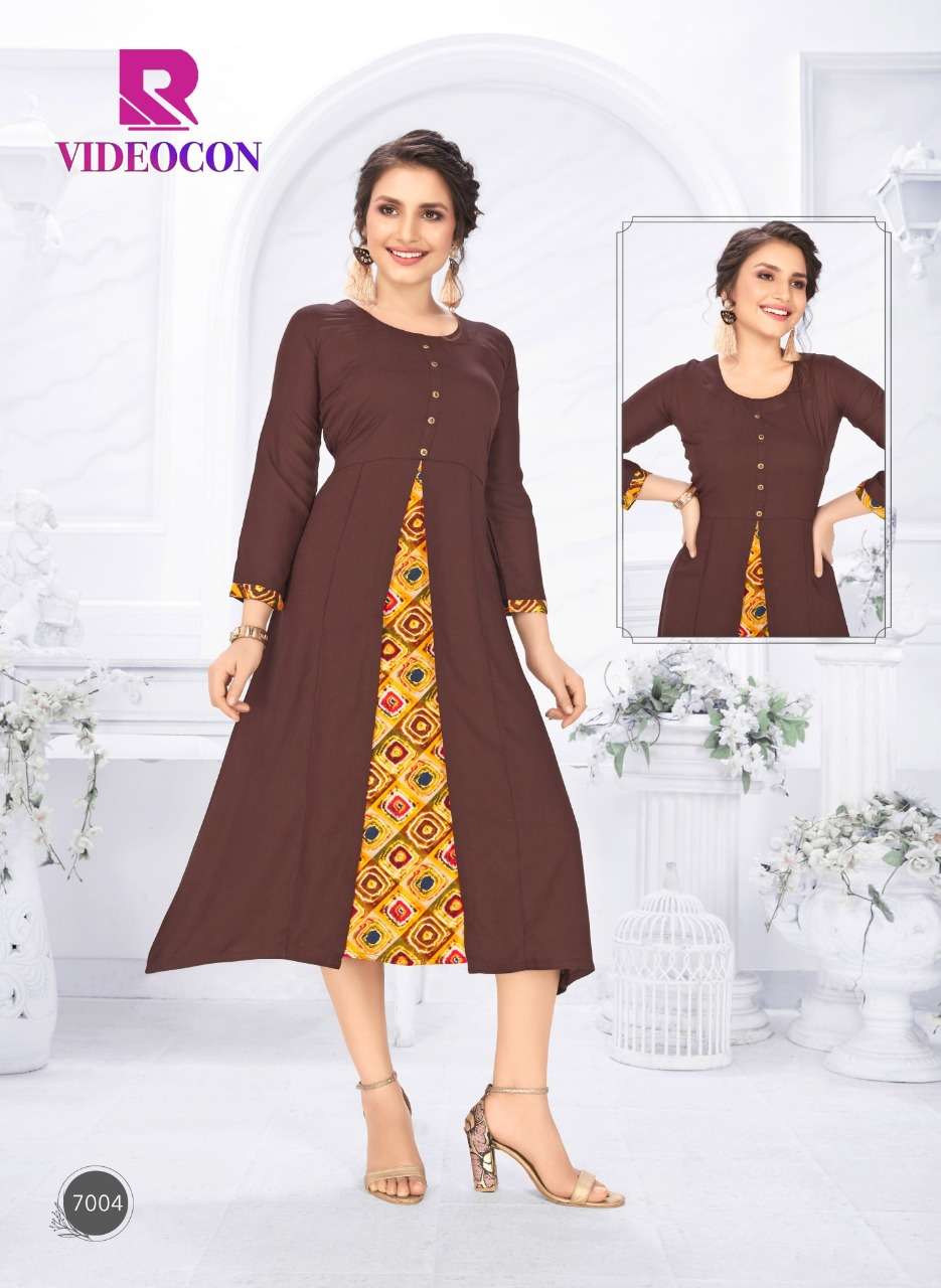 VIDEOCON BY RAASHI 7001 TO 7012 SERIES BEAUTIFUL STYLISH FANCY COLORFUL CASUAL WEAR & ETHNIC WEAR & READY TO WEAR RAYON PRINTED KURTIS AT WHOLESALE PRICE
