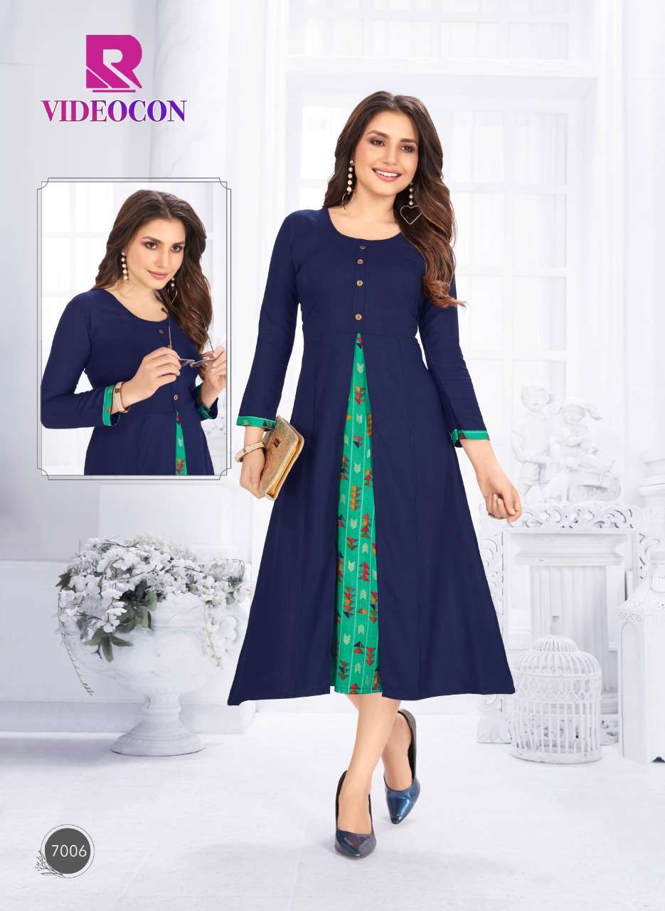 VIDEOCON BY RAASHI 7001 TO 7012 SERIES BEAUTIFUL STYLISH FANCY COLORFUL CASUAL WEAR & ETHNIC WEAR & READY TO WEAR RAYON PRINTED KURTIS AT WHOLESALE PRICE