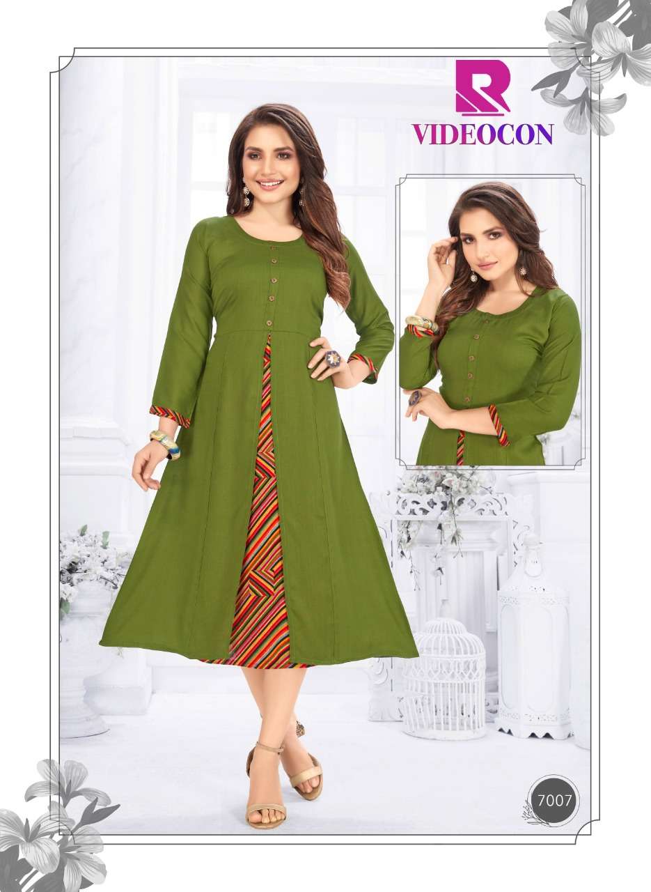 VIDEOCON BY RAASHI 7001 TO 7012 SERIES BEAUTIFUL STYLISH FANCY COLORFUL CASUAL WEAR & ETHNIC WEAR & READY TO WEAR RAYON PRINTED KURTIS AT WHOLESALE PRICE