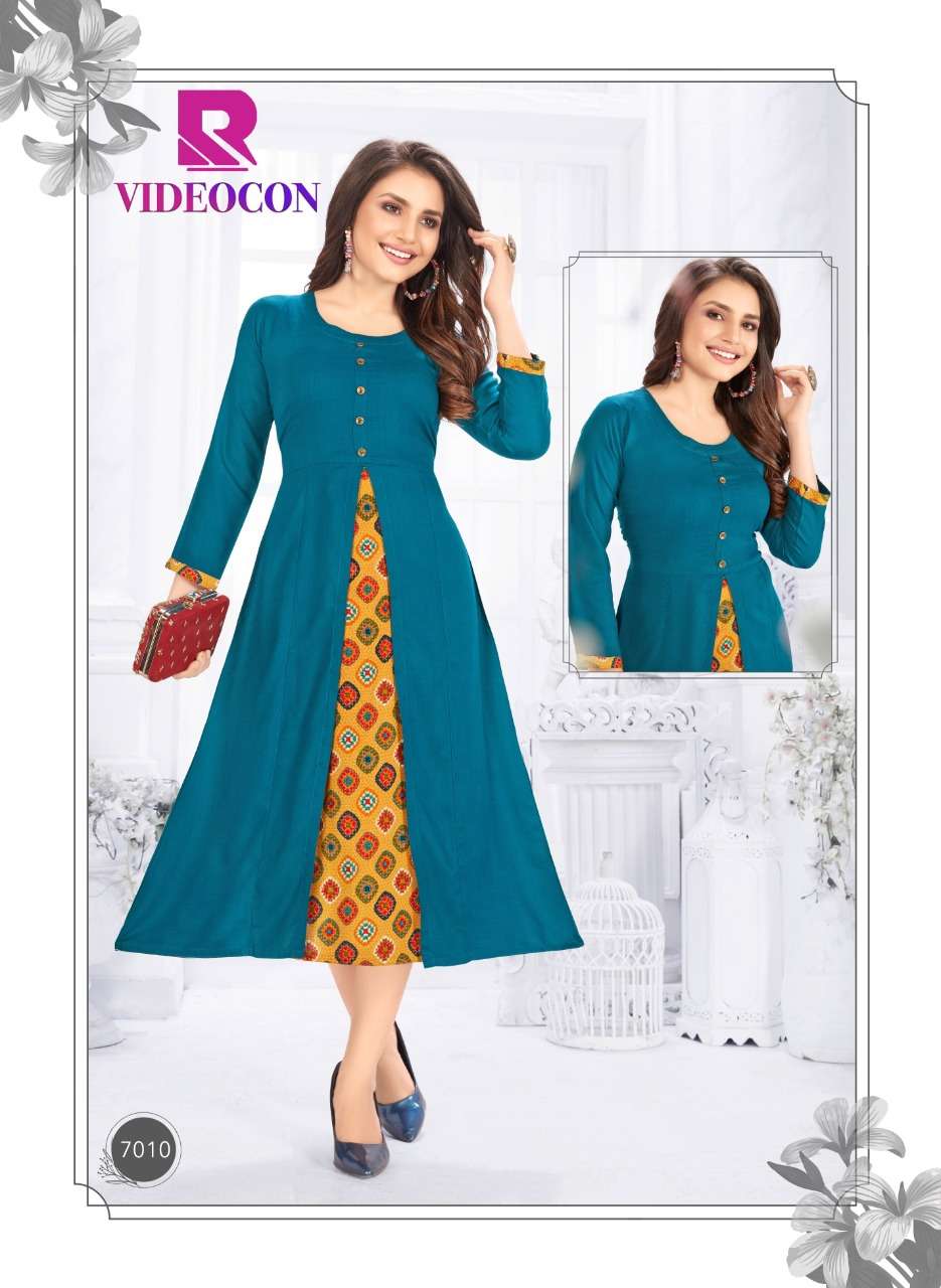 VIDEOCON BY RAASHI 7001 TO 7012 SERIES BEAUTIFUL STYLISH FANCY COLORFUL CASUAL WEAR & ETHNIC WEAR & READY TO WEAR RAYON PRINTED KURTIS AT WHOLESALE PRICE
