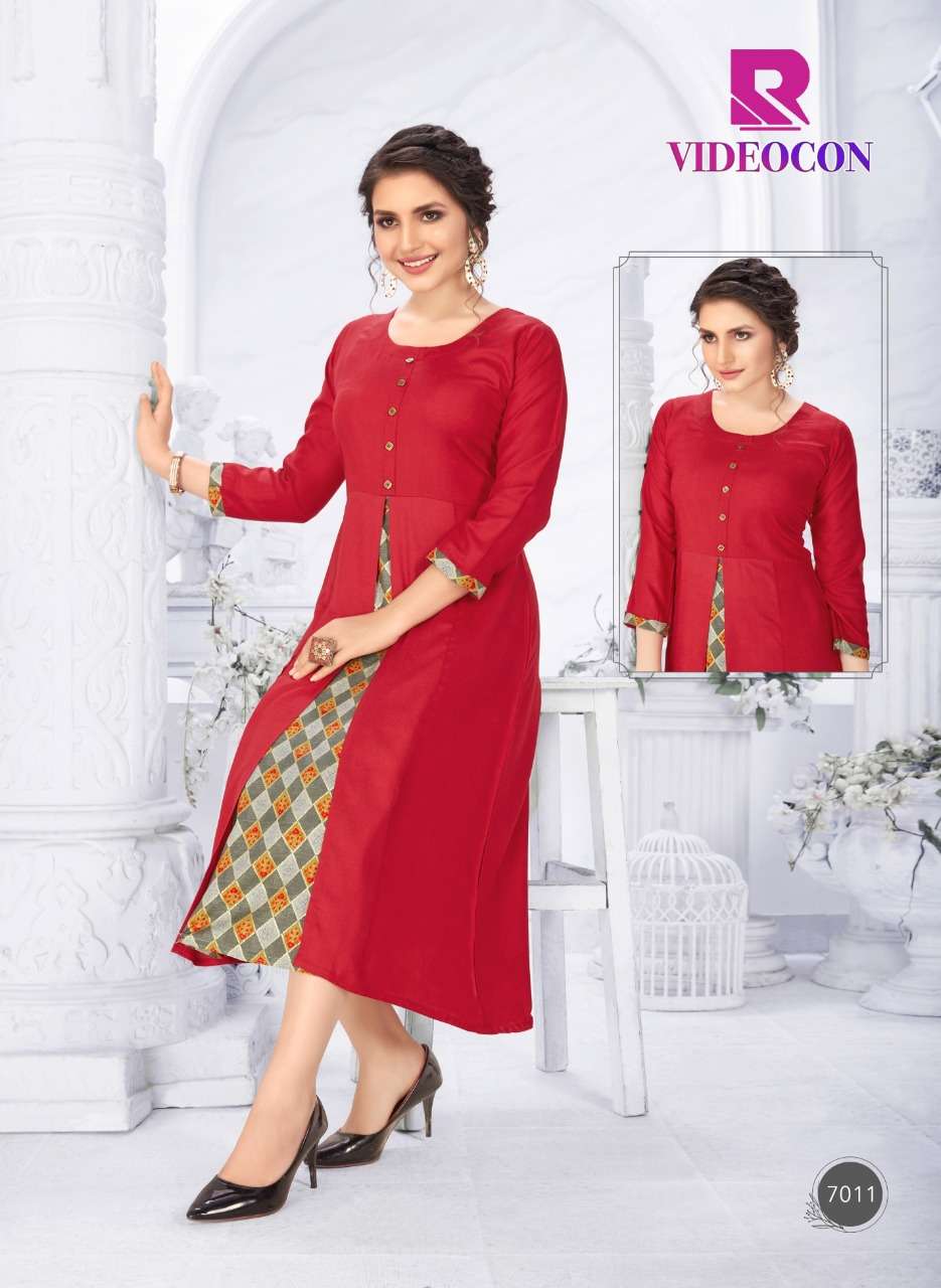 VIDEOCON BY RAASHI 7001 TO 7012 SERIES BEAUTIFUL STYLISH FANCY COLORFUL CASUAL WEAR & ETHNIC WEAR & READY TO WEAR RAYON PRINTED KURTIS AT WHOLESALE PRICE