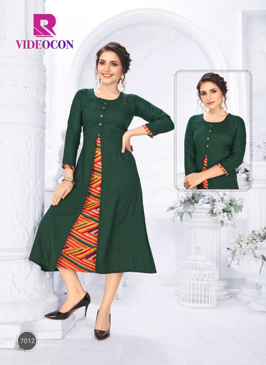VIDEOCON BY RAASHI 7001 TO 7012 SERIES BEAUTIFUL STYLISH FANCY COLORFUL CASUAL WEAR & ETHNIC WEAR & READY TO WEAR RAYON PRINTED KURTIS AT WHOLESALE PRICE