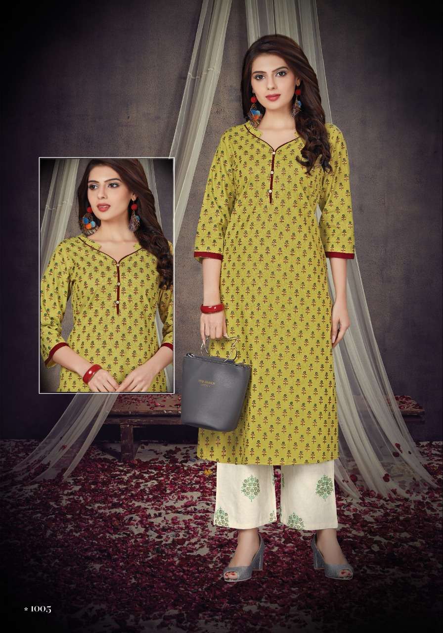 CANDY BY ALISHKA FASHION 1001 TO 1005 SERIES STYLISH FANCY BEAUTIFUL COLORFUL CASUAL WEAR & ETHNIC WEAR COTTON KURTIS WITH BOTTOM AT WHOLESALE PRICE