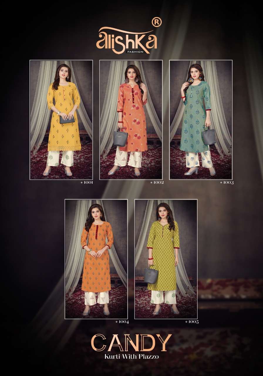 CANDY BY ALISHKA FASHION 1001 TO 1005 SERIES STYLISH FANCY BEAUTIFUL COLORFUL CASUAL WEAR & ETHNIC WEAR COTTON KURTIS WITH BOTTOM AT WHOLESALE PRICE