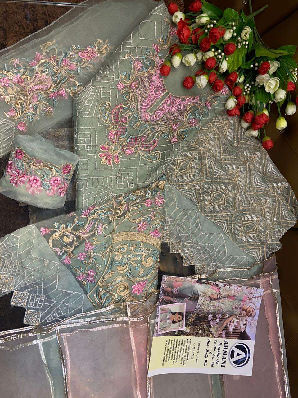 RIMSHA 05 BY ARMANI Z PAKISTANI SUITS BEAUTIFUL FANCY COLORFUL STYLISH PARTY WEAR & OCCASIONAL WEAR BUTTERFLY NET WITH EMBROIDERY DRESSES AT WHOLESALE PRICE
