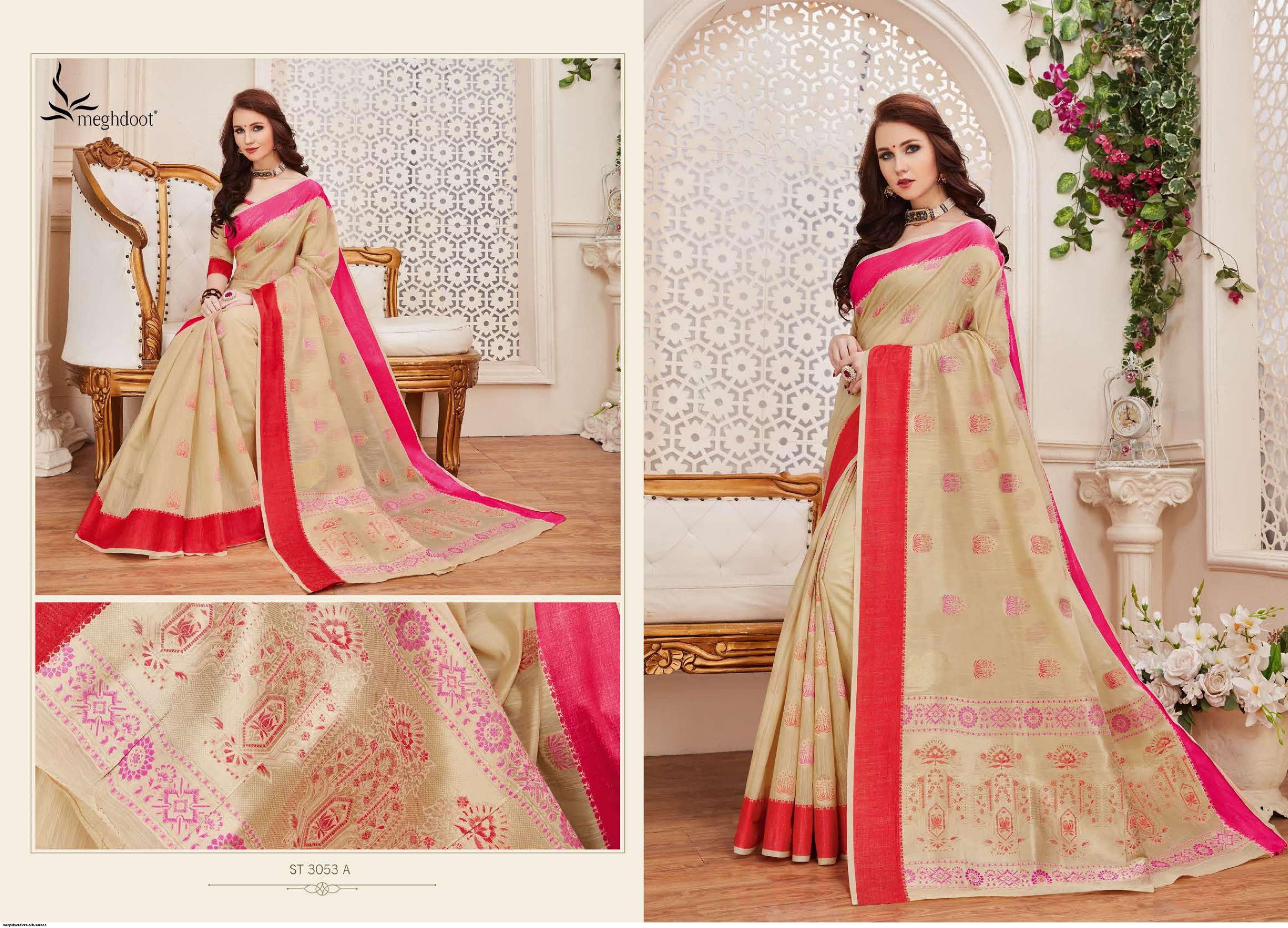 FLORA BY MEGHDOOT INDIAN TRADITIONAL WEAR COLLECTION BEAUTIFUL STYLISH FANCY COLORFUL PARTY WEAR & OCCASIONAL WEAR JUTE SILK SAREES AT WHOLESALE PRICE