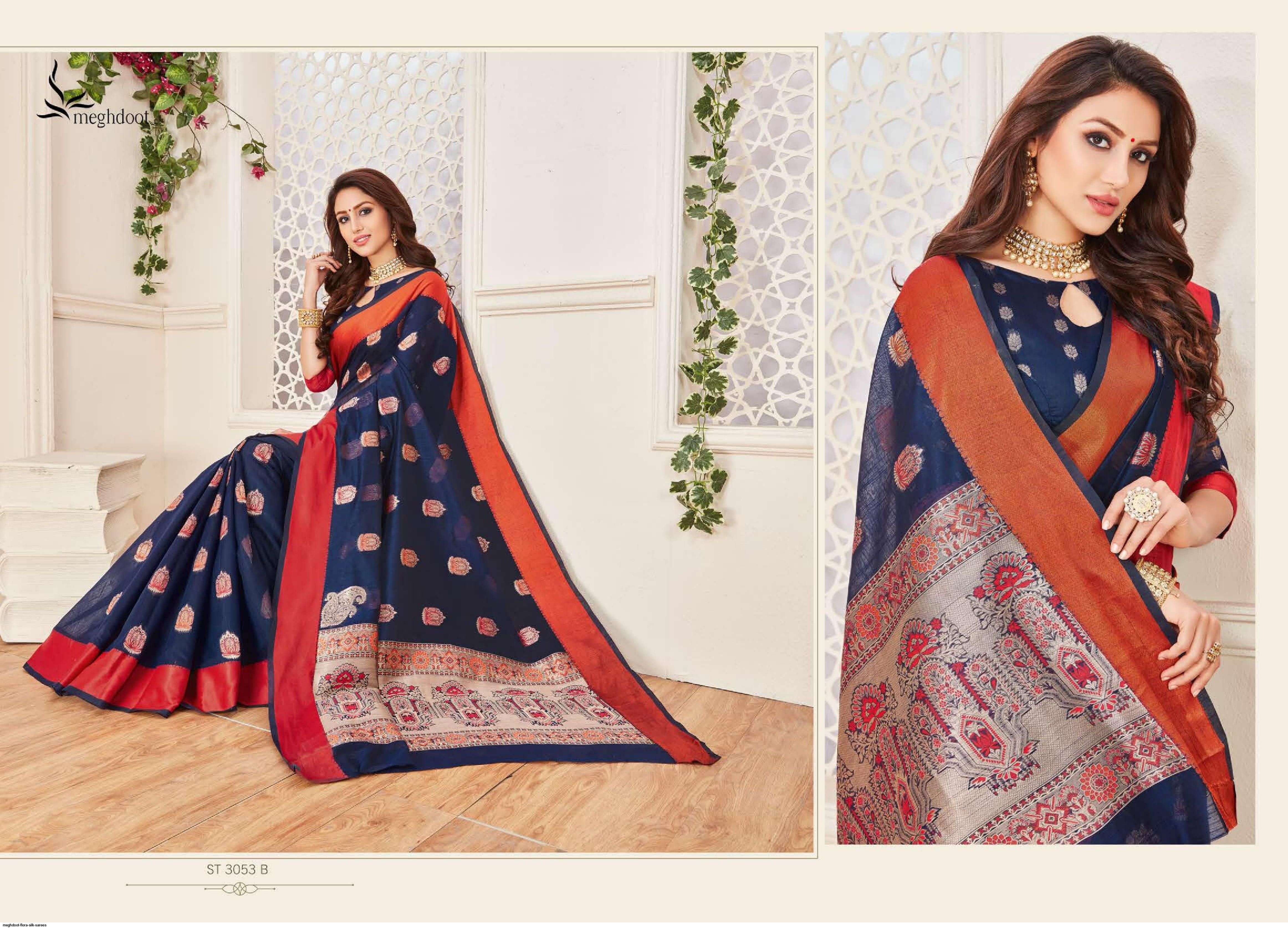 FLORA BY MEGHDOOT INDIAN TRADITIONAL WEAR COLLECTION BEAUTIFUL STYLISH FANCY COLORFUL PARTY WEAR & OCCASIONAL WEAR JUTE SILK SAREES AT WHOLESALE PRICE