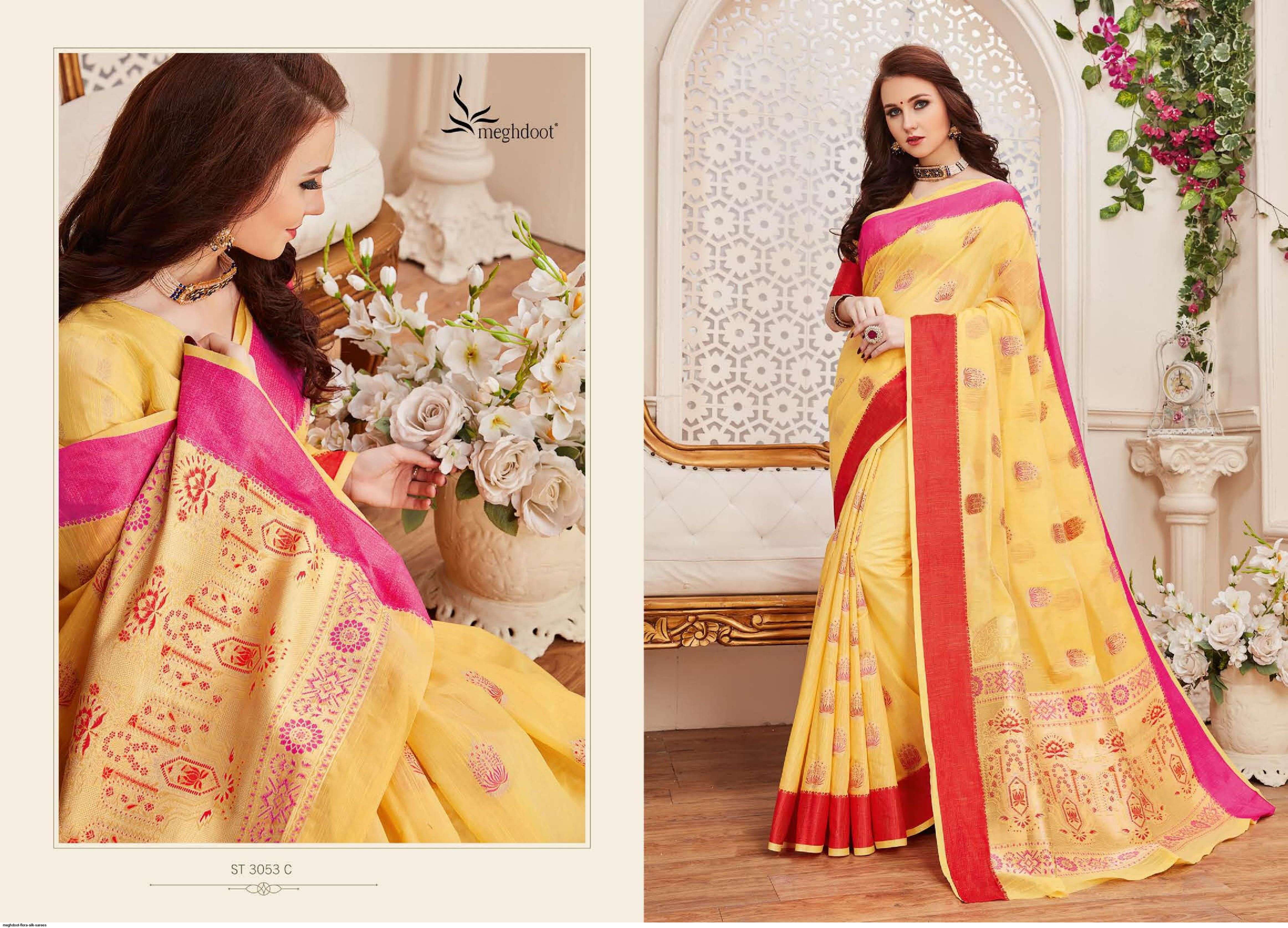 FLORA BY MEGHDOOT INDIAN TRADITIONAL WEAR COLLECTION BEAUTIFUL STYLISH FANCY COLORFUL PARTY WEAR & OCCASIONAL WEAR JUTE SILK SAREES AT WHOLESALE PRICE