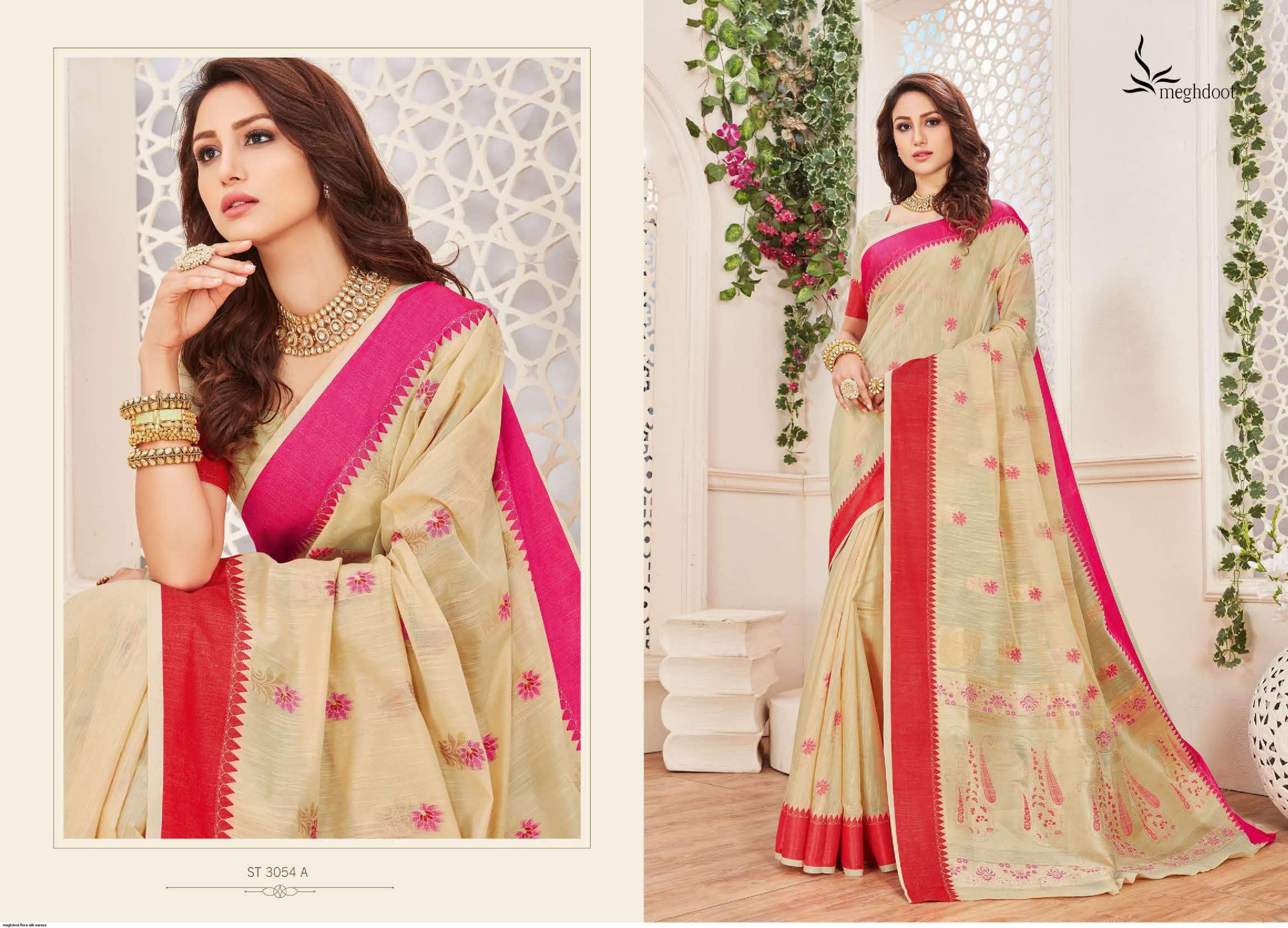 FLORA BY MEGHDOOT INDIAN TRADITIONAL WEAR COLLECTION BEAUTIFUL STYLISH FANCY COLORFUL PARTY WEAR & OCCASIONAL WEAR JUTE SILK SAREES AT WHOLESALE PRICE