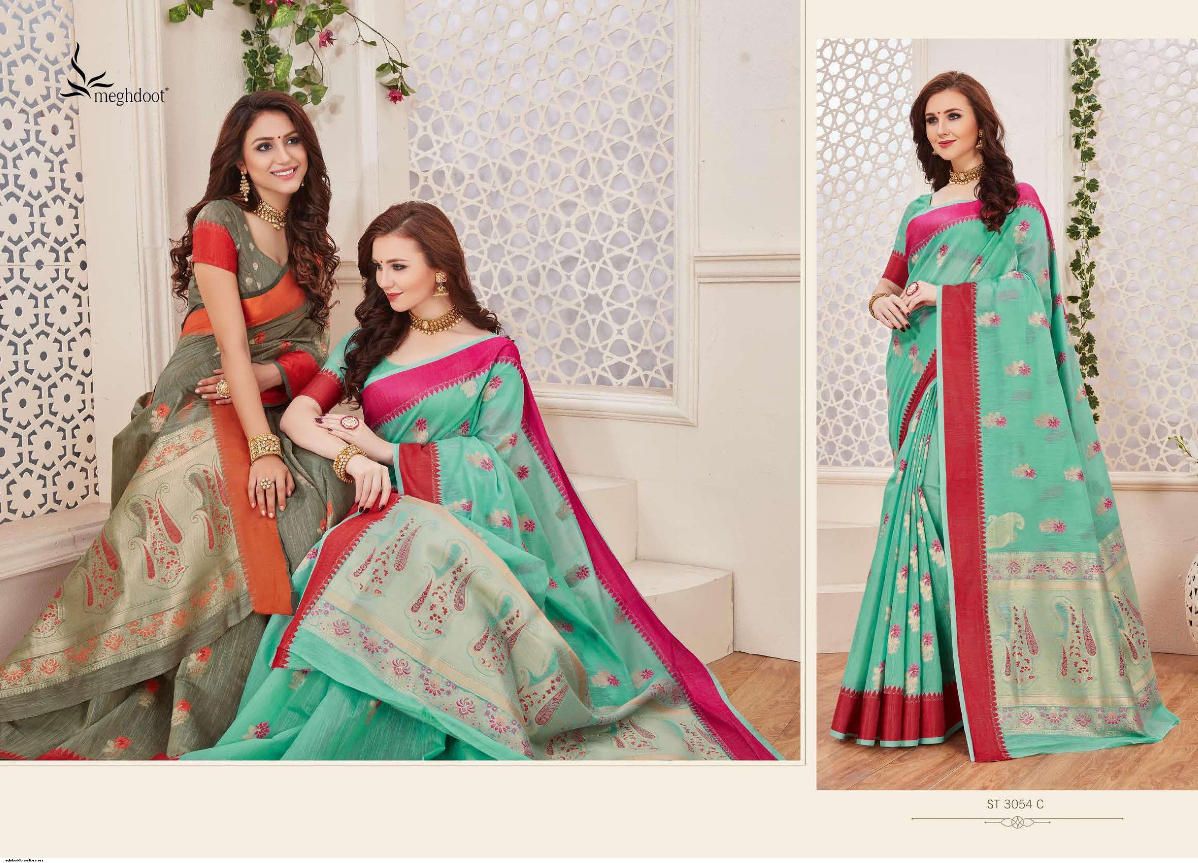 FLORA BY MEGHDOOT INDIAN TRADITIONAL WEAR COLLECTION BEAUTIFUL STYLISH FANCY COLORFUL PARTY WEAR & OCCASIONAL WEAR JUTE SILK SAREES AT WHOLESALE PRICE