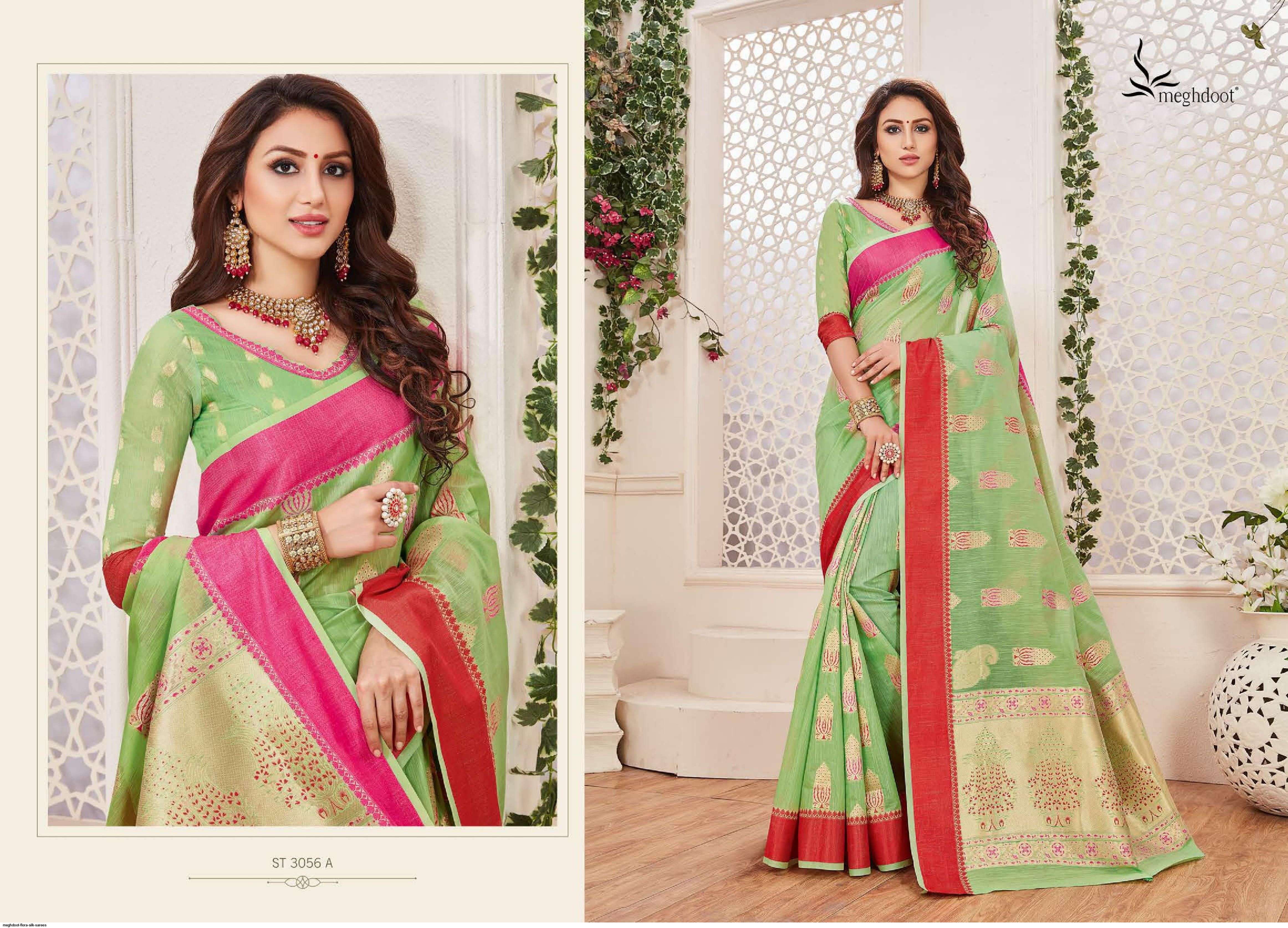 FLORA BY MEGHDOOT INDIAN TRADITIONAL WEAR COLLECTION BEAUTIFUL STYLISH FANCY COLORFUL PARTY WEAR & OCCASIONAL WEAR JUTE SILK SAREES AT WHOLESALE PRICE