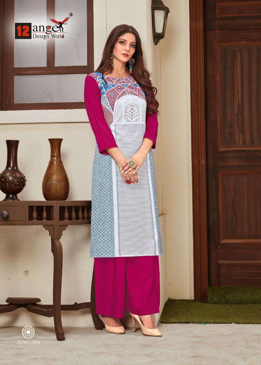 HERITAGE VOL-8 BY 12 ANGEL 3001 TO 3008 SERIES STYLISH FANCY BEAUTIFUL COLORFUL CASUAL WEAR & ETHNIC WEAR RAYON 14 KG KURTIS WITH BOTTOM AT WHOLESALE PRICE