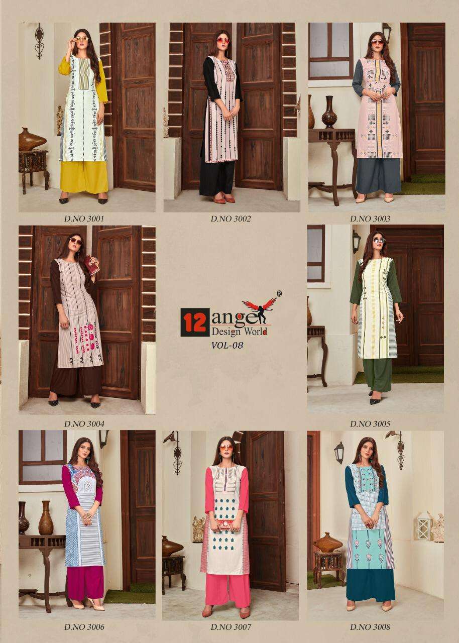 HERITAGE VOL-8 BY 12 ANGEL 3001 TO 3008 SERIES STYLISH FANCY BEAUTIFUL COLORFUL CASUAL WEAR & ETHNIC WEAR RAYON 14 KG KURTIS WITH BOTTOM AT WHOLESALE PRICE