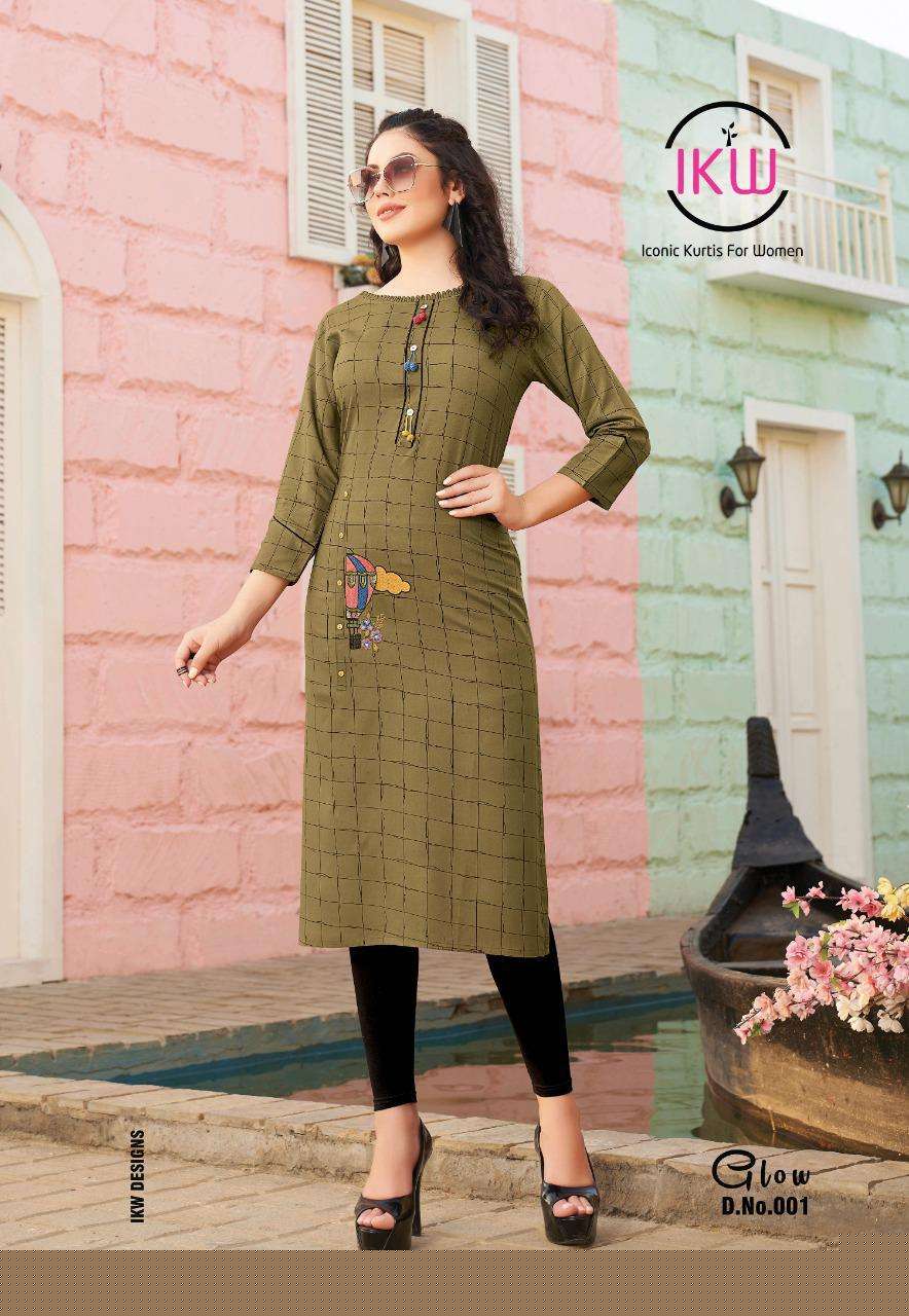 GLOW BY IKW 001 TO 008 SERIES BEAUTIFUL STYLISH FANCY COLORFUL CASUAL WEAR & ETHNIC WEAR & READY TO WEAR HEAVY RAYON WITH WORK KURTIS AT WHOLESALE PRICE