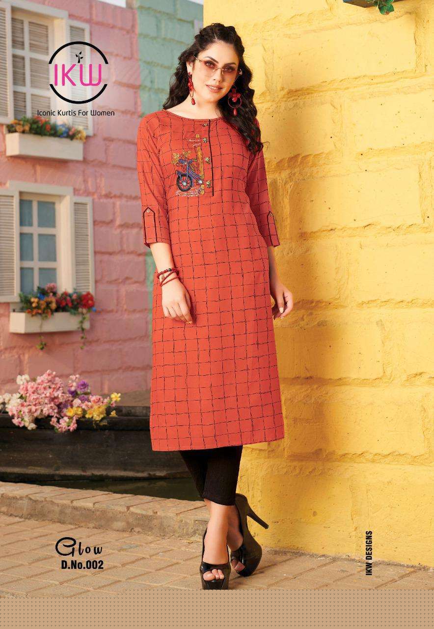 GLOW BY IKW 001 TO 008 SERIES BEAUTIFUL STYLISH FANCY COLORFUL CASUAL WEAR & ETHNIC WEAR & READY TO WEAR HEAVY RAYON WITH WORK KURTIS AT WHOLESALE PRICE