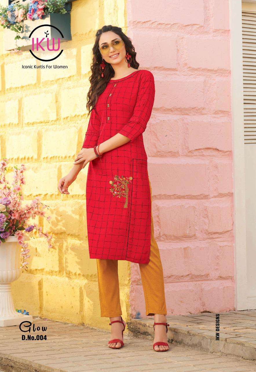 GLOW BY IKW 001 TO 008 SERIES BEAUTIFUL STYLISH FANCY COLORFUL CASUAL WEAR & ETHNIC WEAR & READY TO WEAR HEAVY RAYON WITH WORK KURTIS AT WHOLESALE PRICE
