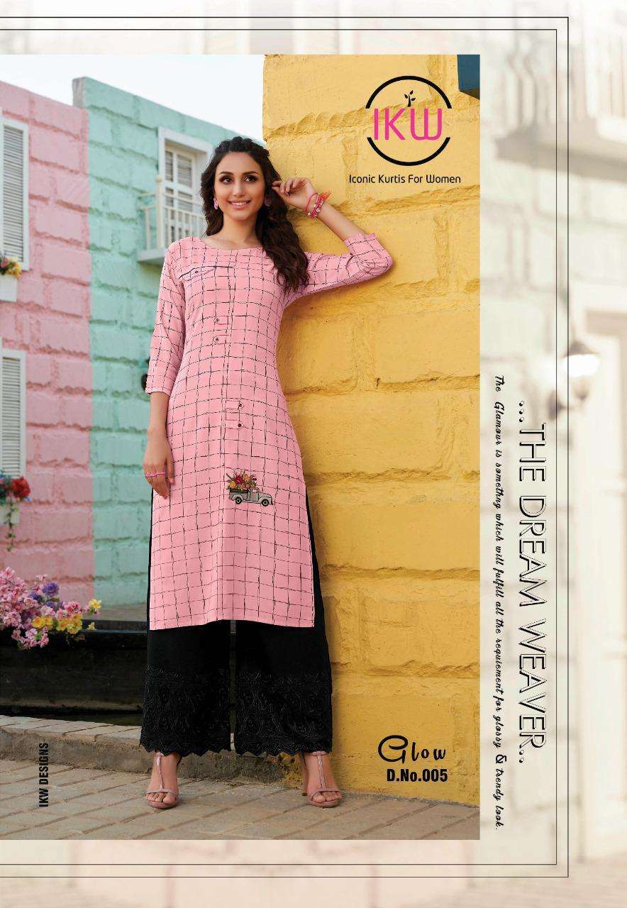 GLOW BY IKW 001 TO 008 SERIES BEAUTIFUL STYLISH FANCY COLORFUL CASUAL WEAR & ETHNIC WEAR & READY TO WEAR HEAVY RAYON WITH WORK KURTIS AT WHOLESALE PRICE