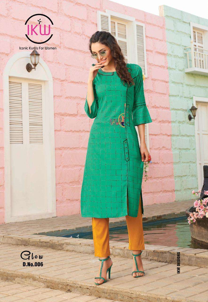 GLOW BY IKW 001 TO 008 SERIES BEAUTIFUL STYLISH FANCY COLORFUL CASUAL WEAR & ETHNIC WEAR & READY TO WEAR HEAVY RAYON WITH WORK KURTIS AT WHOLESALE PRICE