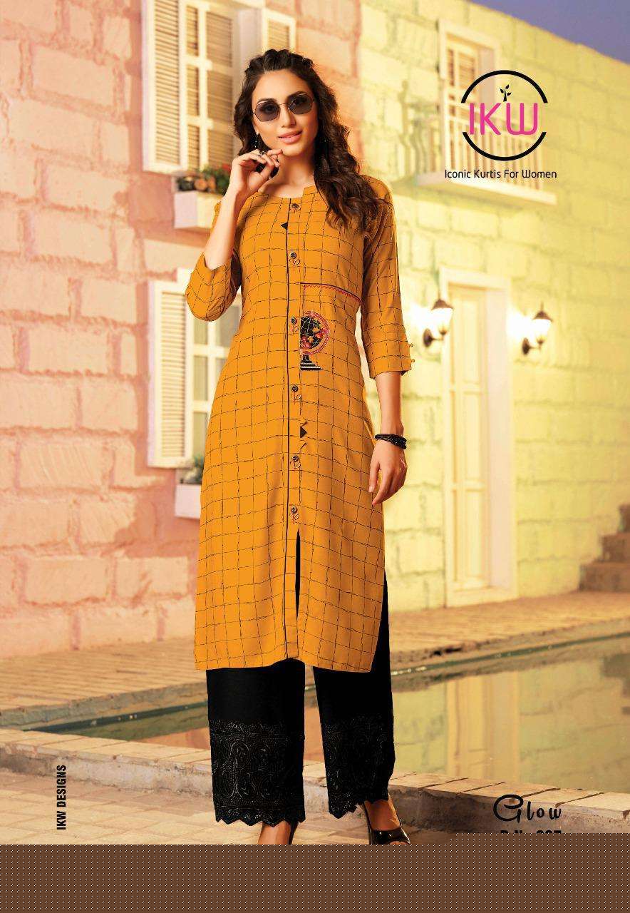GLOW BY IKW 001 TO 008 SERIES BEAUTIFUL STYLISH FANCY COLORFUL CASUAL WEAR & ETHNIC WEAR & READY TO WEAR HEAVY RAYON WITH WORK KURTIS AT WHOLESALE PRICE