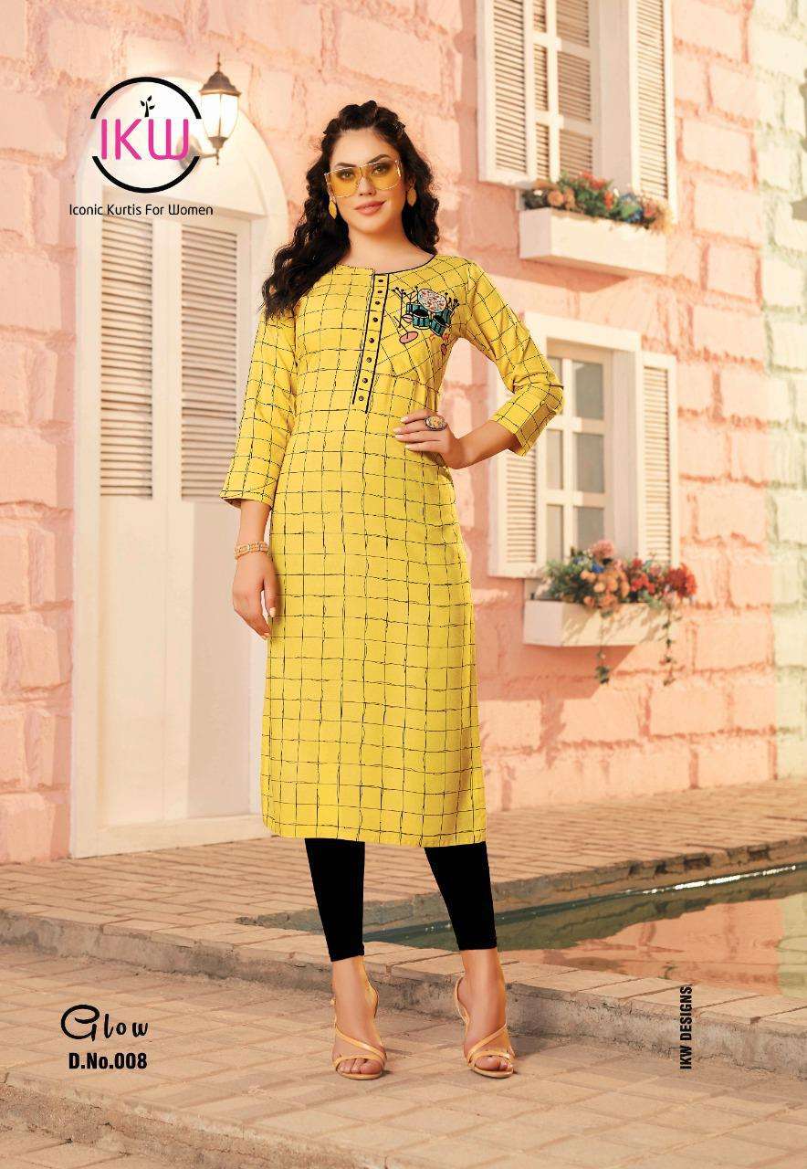 GLOW BY IKW 001 TO 008 SERIES BEAUTIFUL STYLISH FANCY COLORFUL CASUAL WEAR & ETHNIC WEAR & READY TO WEAR HEAVY RAYON WITH WORK KURTIS AT WHOLESALE PRICE
