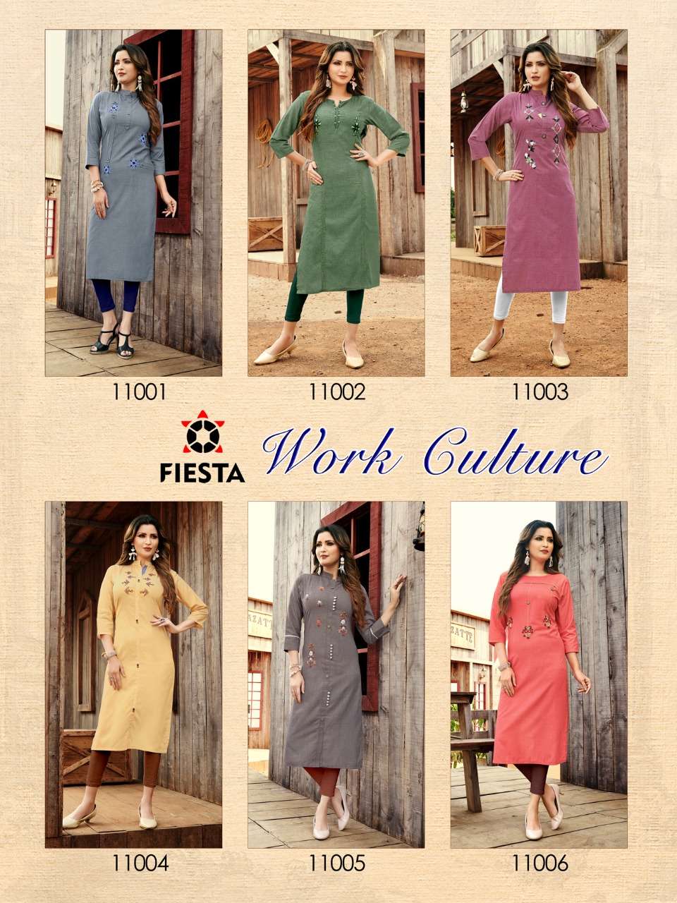 WORK CULTURE BY FIESTA 11001 TO 11006 SERIES BEAUTIFUL STYLISH FANCY COLORFUL CASUAL WEAR & ETHNIC WEAR & READY TO WEAR KHADI SILK KURTIS AT WHOLESALE PRICE