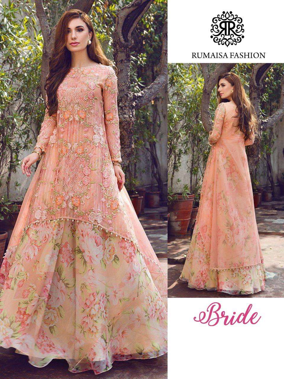 BRIDE BY RUMAISHA FASHION 6001-A TO 6001-E SERIES DESIGNER ANARKALI SUITS COLLECTION BEAUTIFUL STYLISH COLORFUL FANCY PARTY WEAR & OCCASIONAL WEAR HEAVY NET WITH EMBROIDERY DRESSES AT WHOLESALE PRICE
