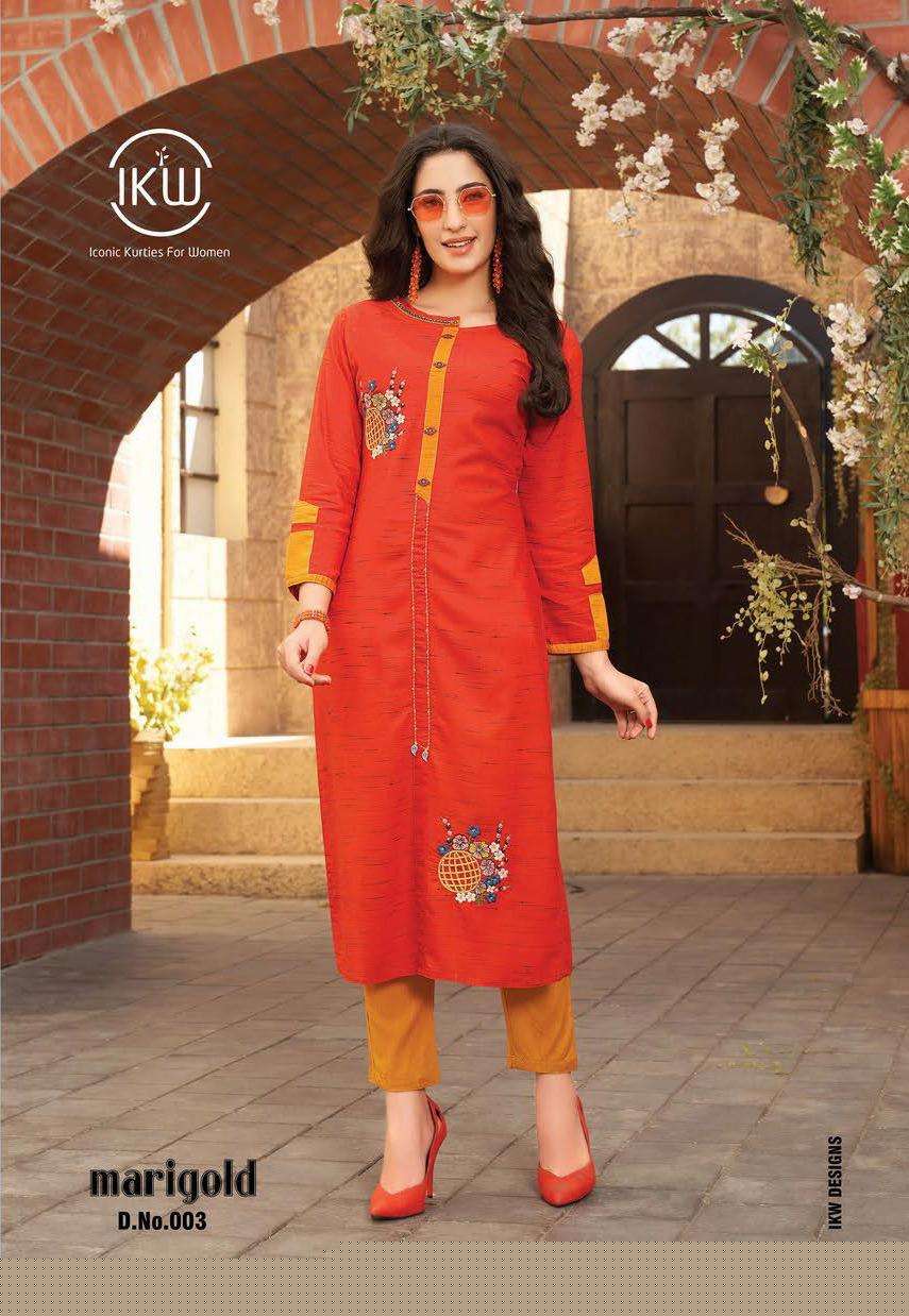 MARIGOLD VOL-2 BY IKW 001 TO 008 SERIES BEAUTIFUL STYLISH FANCY COLORFUL CASUAL WEAR & ETHNIC WEAR & READY TO WEAR RAYON EMBROIDERED KURTIS AT WHOLESALE PRICE