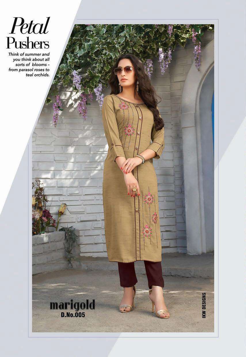 MARIGOLD VOL-2 BY IKW 001 TO 008 SERIES BEAUTIFUL STYLISH FANCY COLORFUL CASUAL WEAR & ETHNIC WEAR & READY TO WEAR RAYON EMBROIDERED KURTIS AT WHOLESALE PRICE