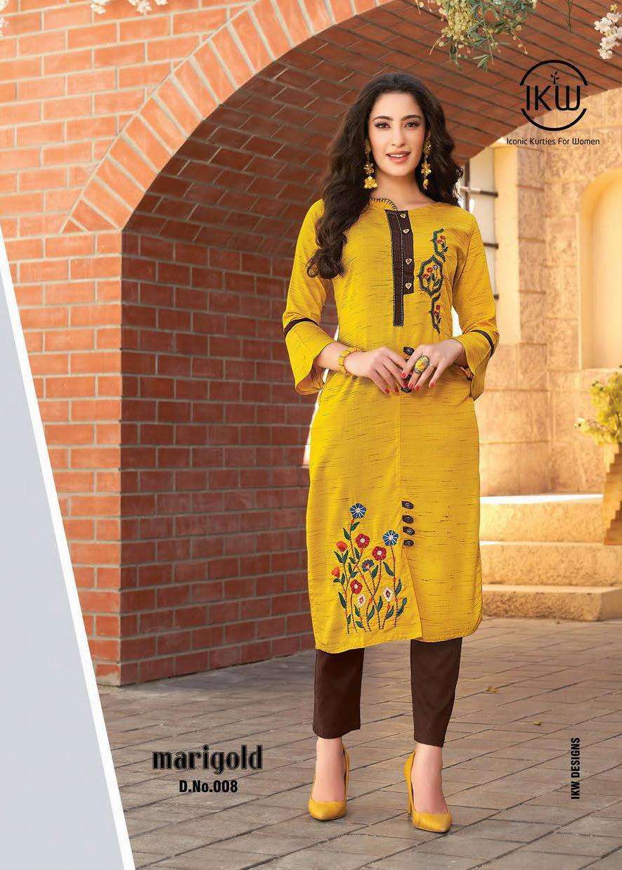 MARIGOLD VOL-2 BY IKW 001 TO 008 SERIES BEAUTIFUL STYLISH FANCY COLORFUL CASUAL WEAR & ETHNIC WEAR & READY TO WEAR RAYON EMBROIDERED KURTIS AT WHOLESALE PRICE