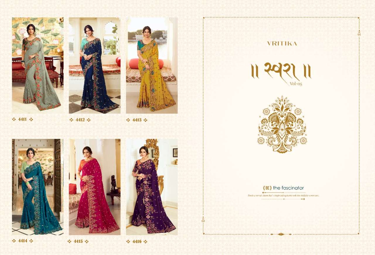 SWARA VOl-5 BY VRITIKA 4411 TO 4416 SERIES INDIAN TRADITIONAL WEAR COLLECTION BEAUTIFUL STYLISH FANCY COLORFUL PARTY WEAR & OCCASIONAL WEAR FANCY SAREES AT WHOLESALE PRICE