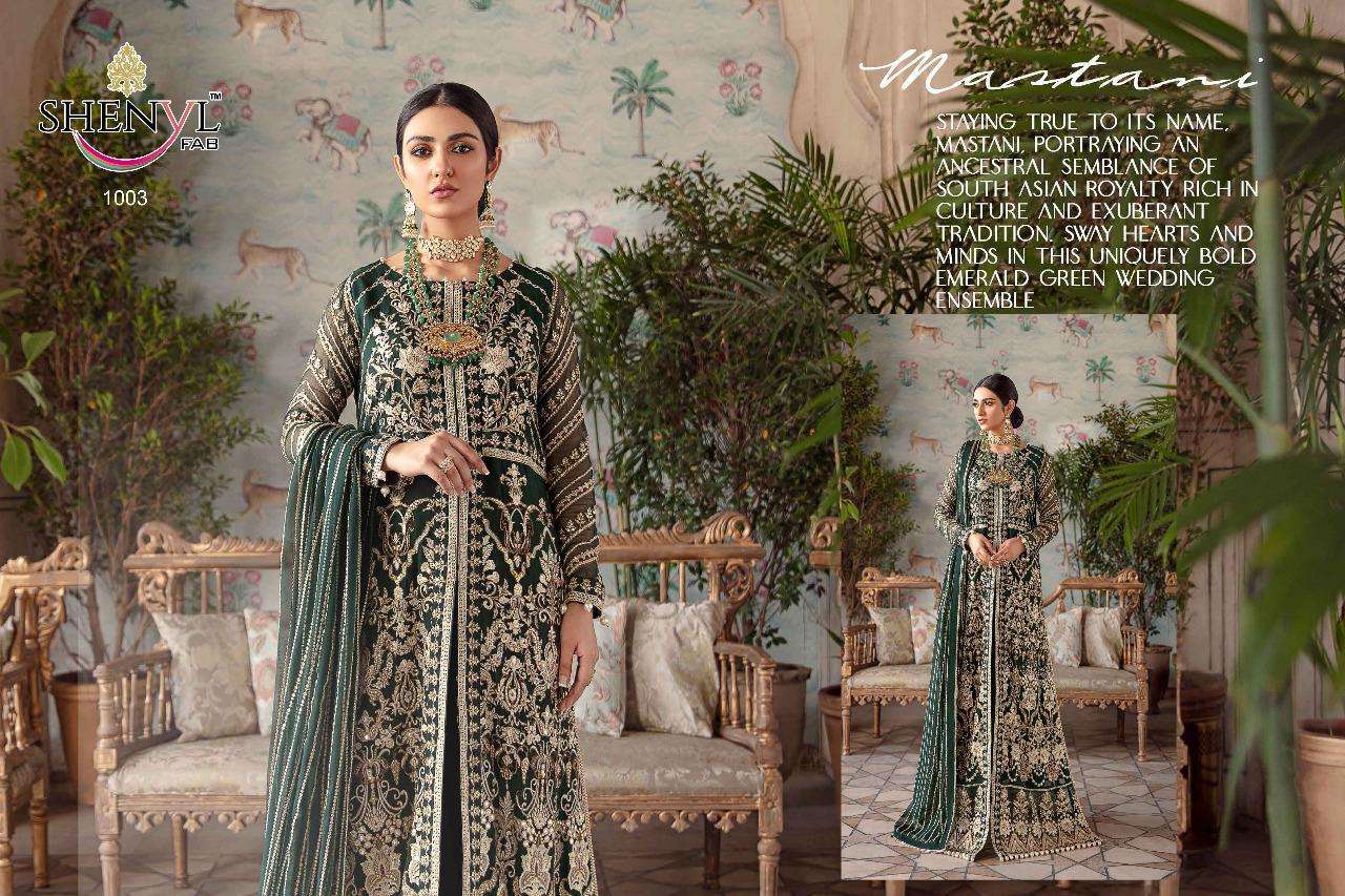 AFROZEH BY SHENYL FAB 1001 TO 1005 SERIES DESIGNER FESTIVE PAKISTANI SUITS COLLECTION BEAUTIFUL STYLISH FANCY COLORFUL PARTY WEAR & OCCASIONAL WEAR FAUX GEORGETTE WITH EMBROIDERED DRESSES AT WHOLESALE PRICE