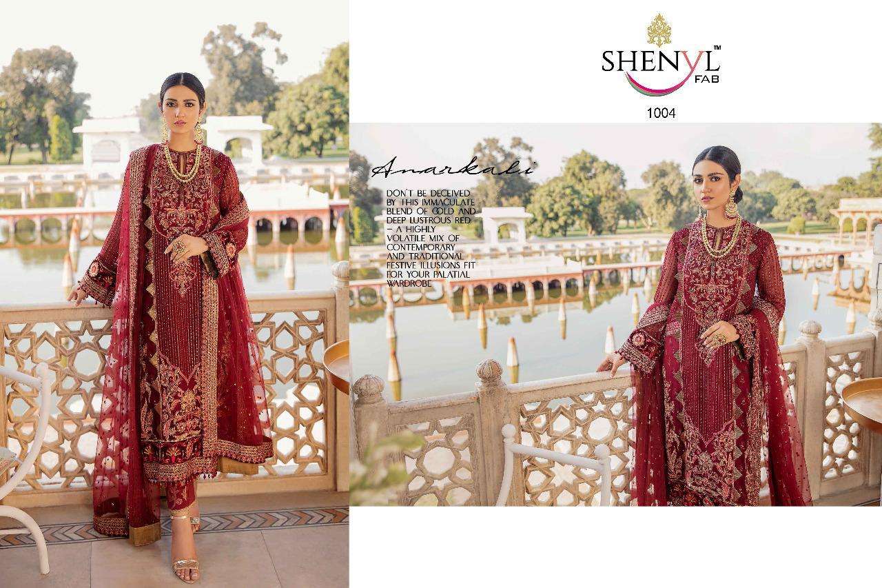 AFROZEH BY SHENYL FAB 1001 TO 1005 SERIES DESIGNER FESTIVE PAKISTANI SUITS COLLECTION BEAUTIFUL STYLISH FANCY COLORFUL PARTY WEAR & OCCASIONAL WEAR FAUX GEORGETTE WITH EMBROIDERED DRESSES AT WHOLESALE PRICE