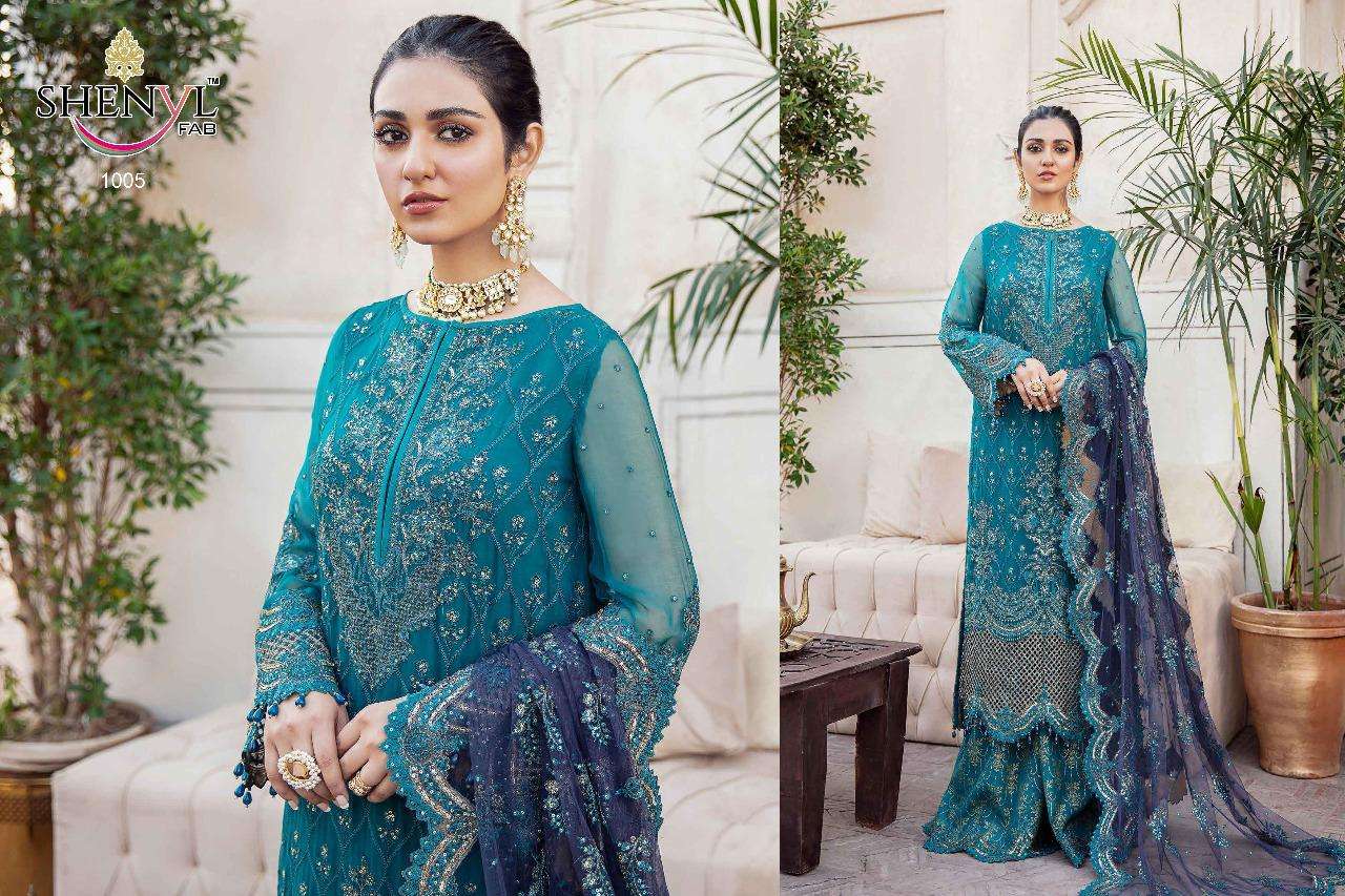AFROZEH BY SHENYL FAB 1001 TO 1005 SERIES DESIGNER FESTIVE PAKISTANI SUITS COLLECTION BEAUTIFUL STYLISH FANCY COLORFUL PARTY WEAR & OCCASIONAL WEAR FAUX GEORGETTE WITH EMBROIDERED DRESSES AT WHOLESALE PRICE
