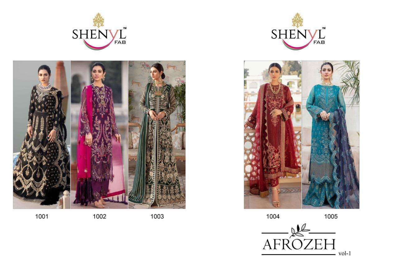 AFROZEH BY SHENYL FAB 1001 TO 1005 SERIES DESIGNER FESTIVE PAKISTANI SUITS COLLECTION BEAUTIFUL STYLISH FANCY COLORFUL PARTY WEAR & OCCASIONAL WEAR FAUX GEORGETTE WITH EMBROIDERED DRESSES AT WHOLESALE PRICE