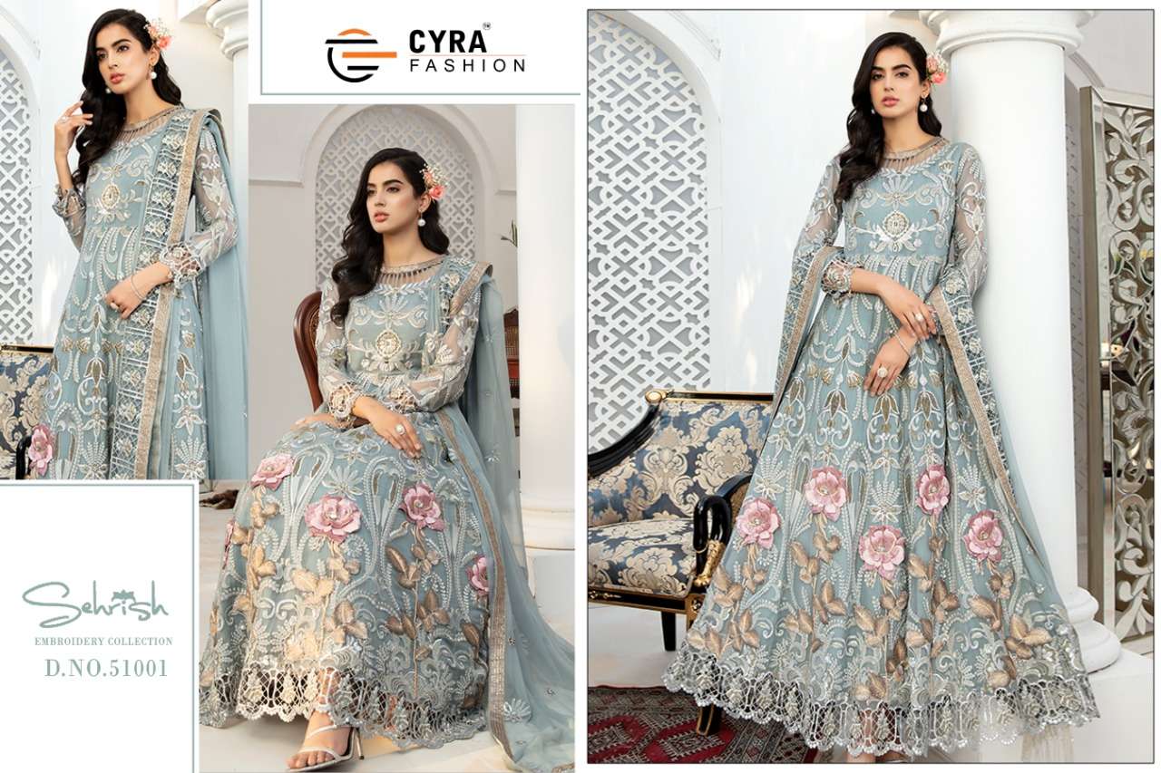 SEHRISH BY CYRA FASHION 51001 TO 51004 SERIES DESIGNER FESTIVE PAKISTANI SUITS COLLECTION BEAUTIFUL STYLISH FANCY COLORFUL PARTY WEAR & OCCASIONAL WEAR GEORGETTE WITH EMBROIDERED DRESSES AT WHOLESALE PRICE
