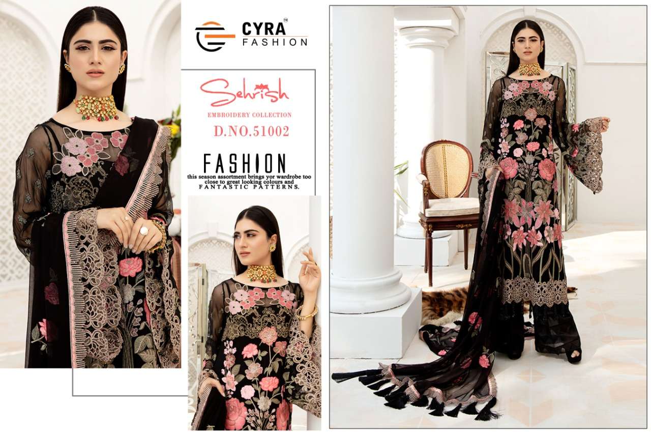 SEHRISH BY CYRA FASHION 51001 TO 51004 SERIES DESIGNER FESTIVE PAKISTANI SUITS COLLECTION BEAUTIFUL STYLISH FANCY COLORFUL PARTY WEAR & OCCASIONAL WEAR GEORGETTE WITH EMBROIDERED DRESSES AT WHOLESALE PRICE