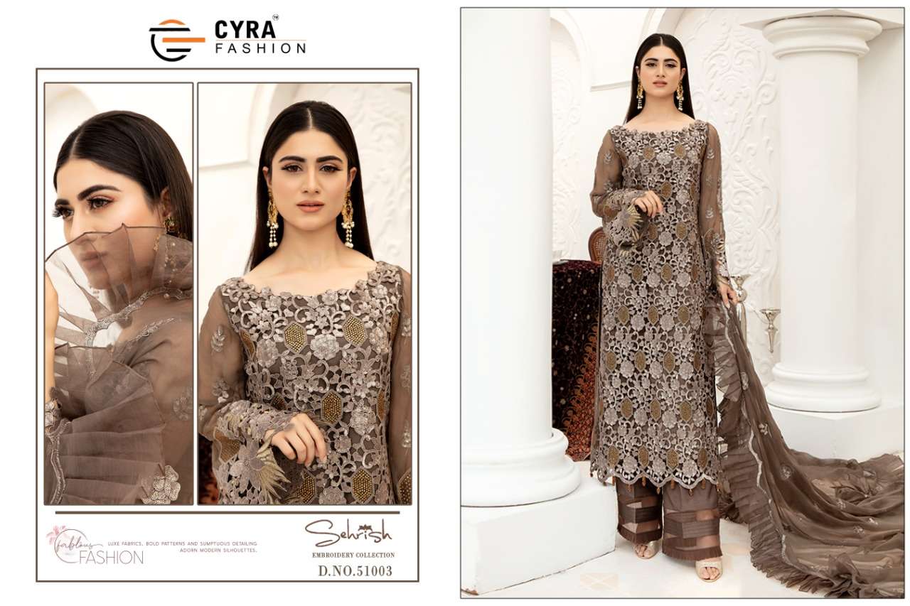 SEHRISH BY CYRA FASHION 51001 TO 51004 SERIES DESIGNER FESTIVE PAKISTANI SUITS COLLECTION BEAUTIFUL STYLISH FANCY COLORFUL PARTY WEAR & OCCASIONAL WEAR GEORGETTE WITH EMBROIDERED DRESSES AT WHOLESALE PRICE