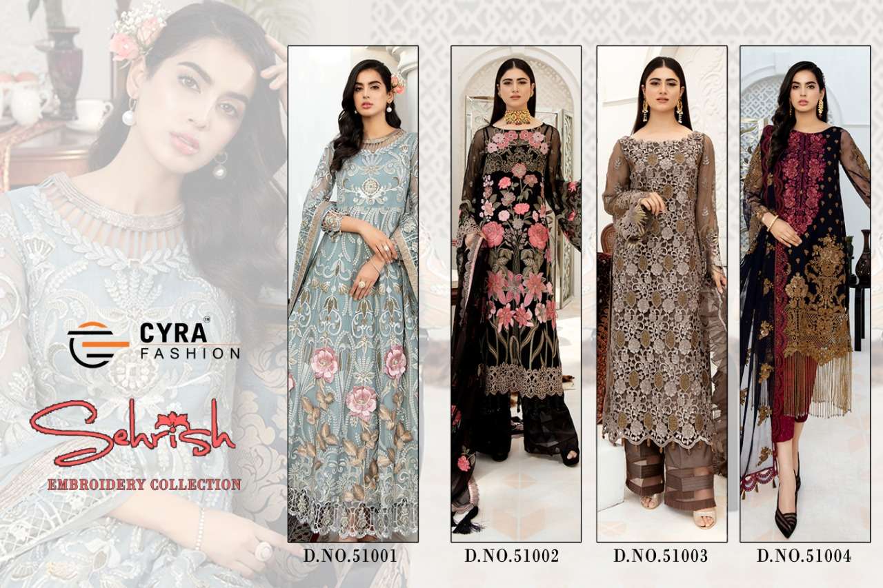 SEHRISH BY CYRA FASHION 51001 TO 51004 SERIES DESIGNER FESTIVE PAKISTANI SUITS COLLECTION BEAUTIFUL STYLISH FANCY COLORFUL PARTY WEAR & OCCASIONAL WEAR GEORGETTE WITH EMBROIDERED DRESSES AT WHOLESALE PRICE
