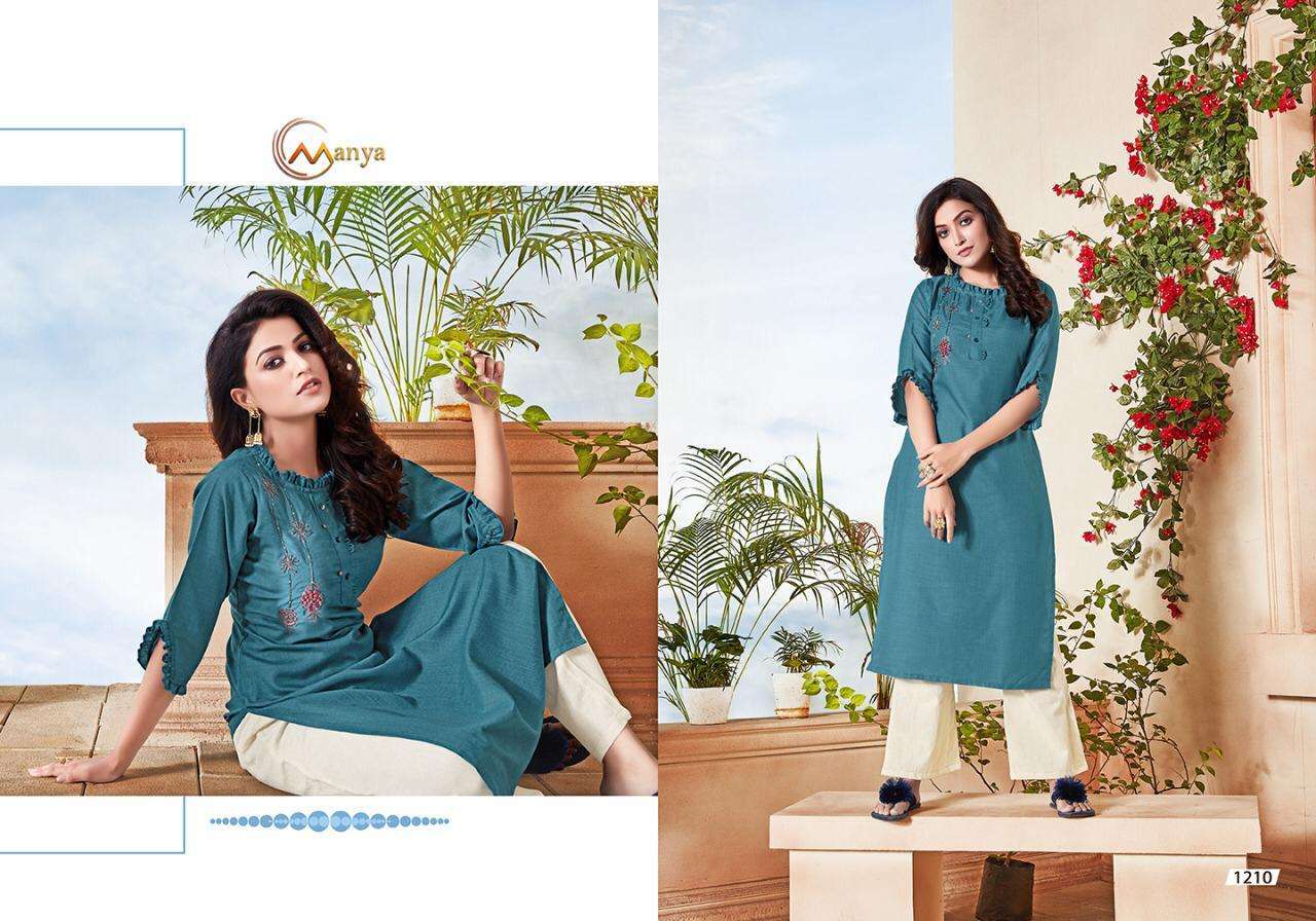 CLASSIC BY MANYA DESIGNER 1210 TO 1215 SERIES BEAUTIFUL STYLISH FANCY COLORFUL CASUAL WEAR & ETHNIC WEAR & READY TO WEAR COTTON EMBROIDERY KURTIS AT WHOLESALE PRICE