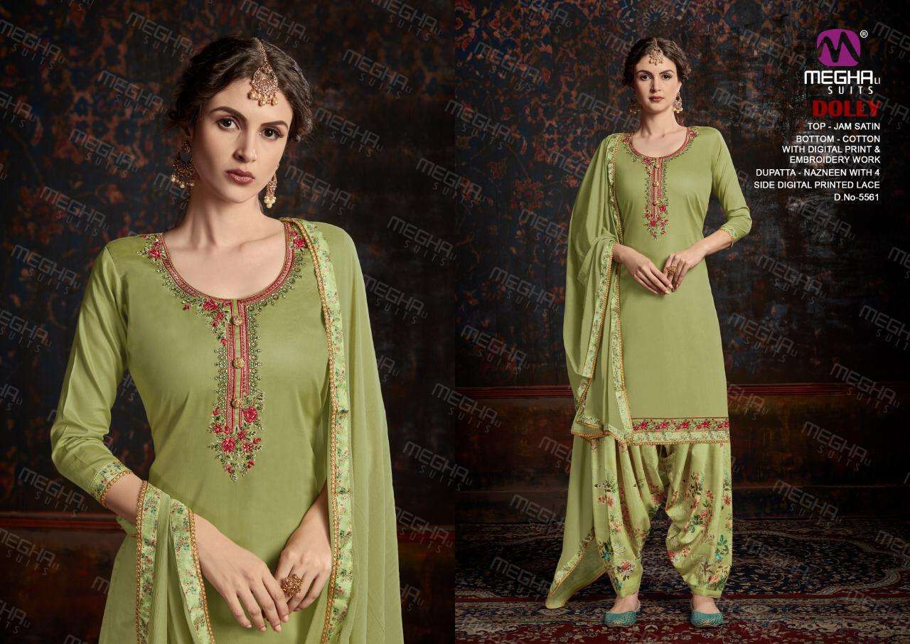 DOLLY BY MEGHALI SUITS 5559 TO 5564 SERIES BEAUTIFUL SUITS STYLISH FANCY COLORFUL CASUAL WEAR & ETHNIC WEAR JAM SATIN WITH EMBROIDERY DRESSES AT WHOLESALE PRICE