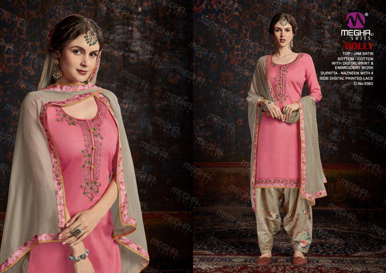 DOLLY BY MEGHALI SUITS 5559 TO 5564 SERIES BEAUTIFUL SUITS STYLISH FANCY COLORFUL CASUAL WEAR & ETHNIC WEAR JAM SATIN WITH EMBROIDERY DRESSES AT WHOLESALE PRICE