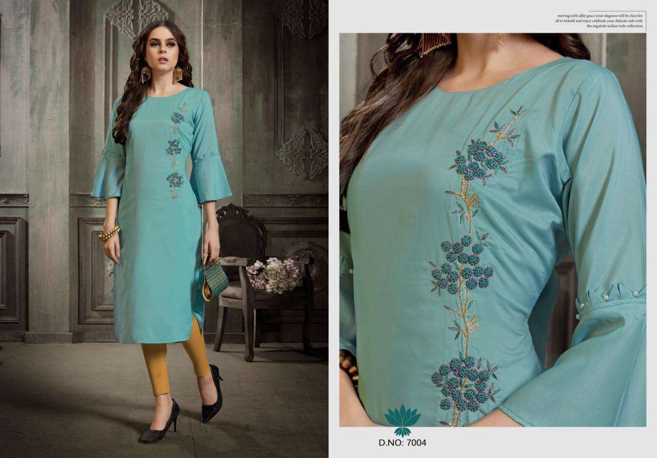 DAZZLE BY AMAAYA GARMENTS 7001 TO 7005 SERIES BEAUTIFUL STYLISH FANCY COLORFUL CASUAL WEAR & ETHNIC WEAR MUSLIN PRINTED KURTIS AT WHOLESALE PRICE
