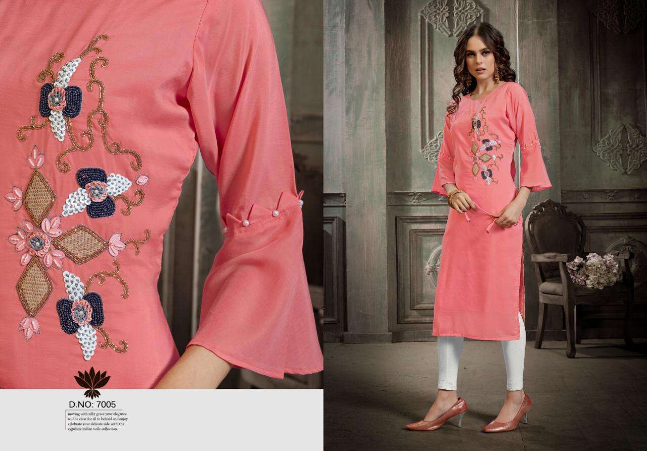DAZZLE BY AMAAYA GARMENTS 7001 TO 7005 SERIES BEAUTIFUL STYLISH FANCY COLORFUL CASUAL WEAR & ETHNIC WEAR MUSLIN PRINTED KURTIS AT WHOLESALE PRICE