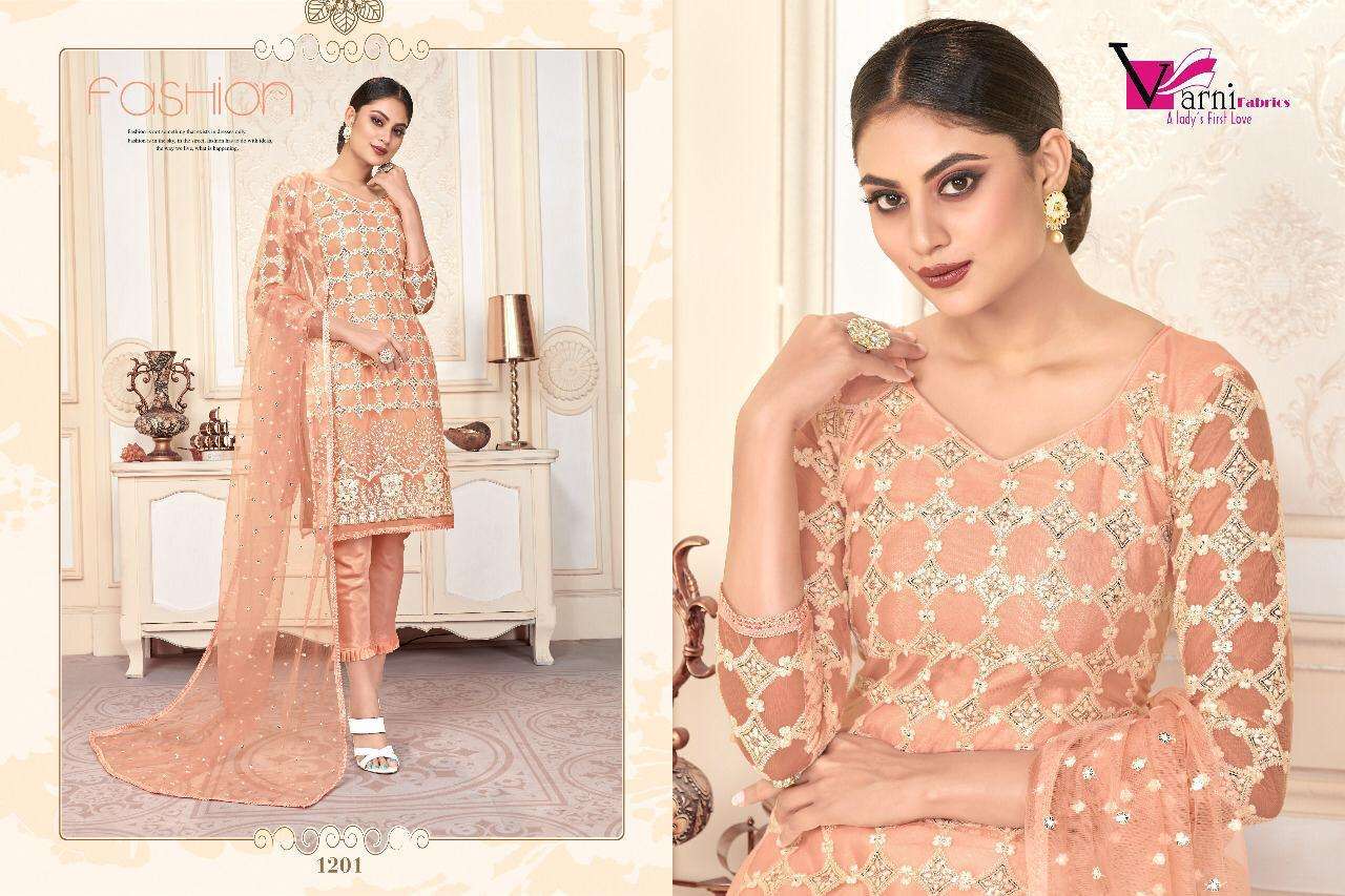 ZEEYA HUSNA BY VARNI FABRICS 1201 TO 1204 SERIES BEAUTIFUL SUITS STYLISH FANCY COLORFUL CASUAL WEAR & ETHNIC WEAR BUTTERFLY NET EMBROIDERED DRESSES AT WHOLESALE PRICE