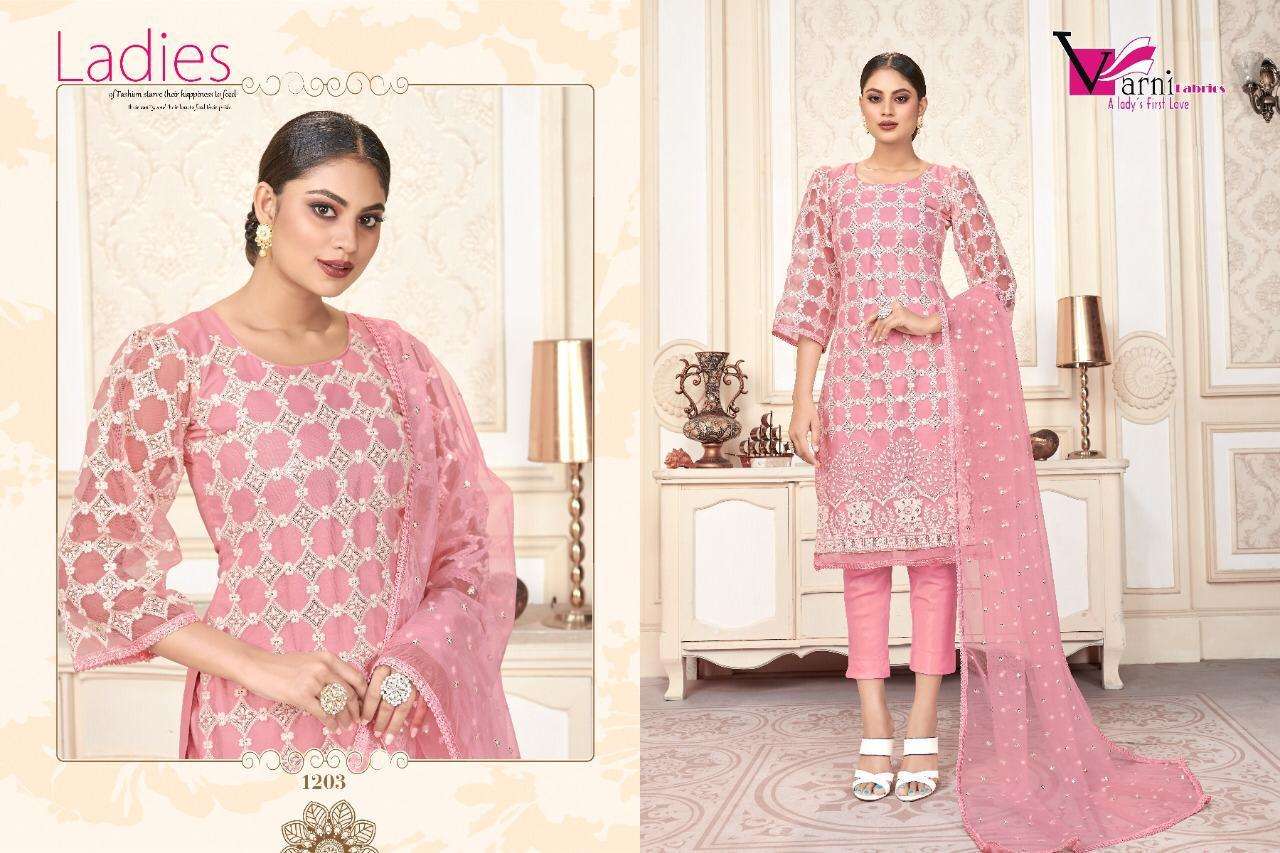 ZEEYA HUSNA BY VARNI FABRICS 1201 TO 1204 SERIES BEAUTIFUL SUITS STYLISH FANCY COLORFUL CASUAL WEAR & ETHNIC WEAR BUTTERFLY NET EMBROIDERED DRESSES AT WHOLESALE PRICE